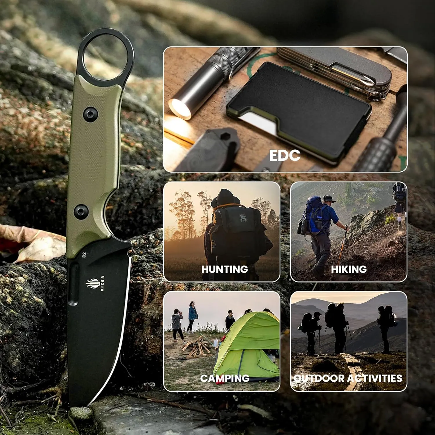 Kizer Cabox Fixed Blade Knife, 3.36" D2 Steel Fixed Blade Hunting Knife G10 Handle with Sheath, Survival Camping Knives 1048A3
