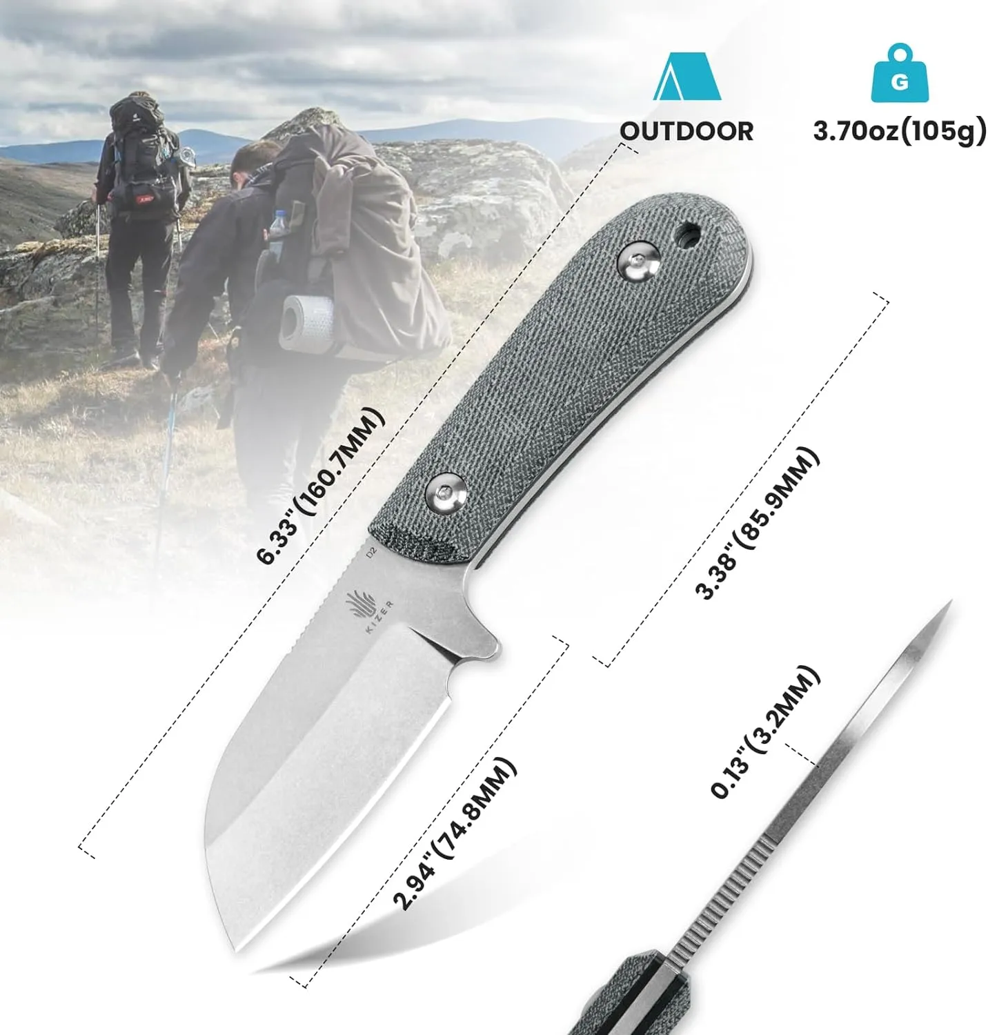 Kizer Deckhand Fixed Blade Hunting Knife with Sheath, D2 Blade Camping Knife G10 Micarta Handle Lightweight EDC Fixed Blade for Men Women Outdoor Enthusiasts, for Hunting Survival 1062A1