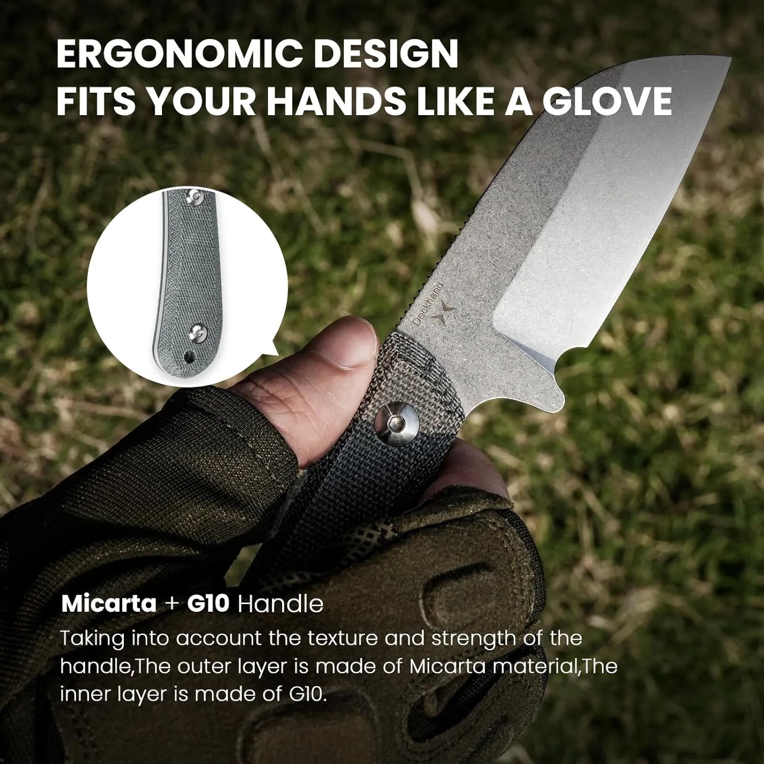 Kizer Deckhand Fixed Blade Hunting Knife with Sheath, D2 Blade Camping Knife G10 Micarta Handle Lightweight EDC Fixed Blade for Men Women Outdoor Enthusiasts, for Hunting Survival 1062A1