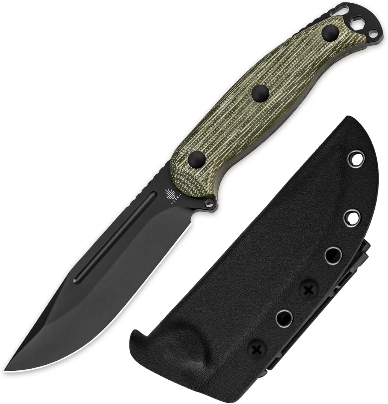 Kizer Ursa Major Fixed Blade Knife, 4.43" D2 Blade Hunting Survival Knives with Ergonomic Green Micarta Handle, Full Tang Camping Knives with Sheath & Hexagon Hole for Outdoor Activities, 1082M1