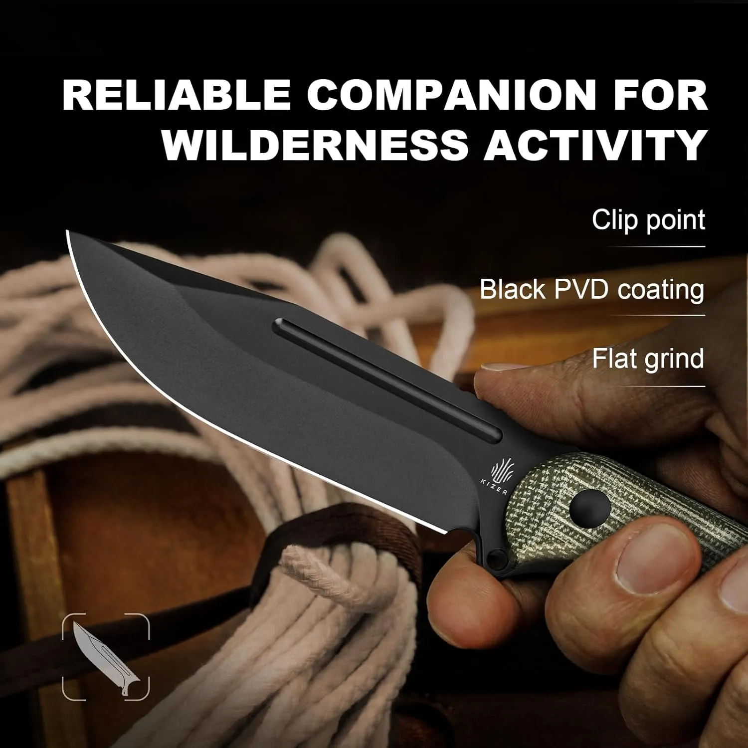 Kizer Ursa Major Fixed Blade Knife, 4.43" D2 Blade Hunting Survival Knives with Ergonomic Green Micarta Handle, Full Tang Camping Knives with Sheath & Hexagon Hole for Outdoor Activities, 1082M1