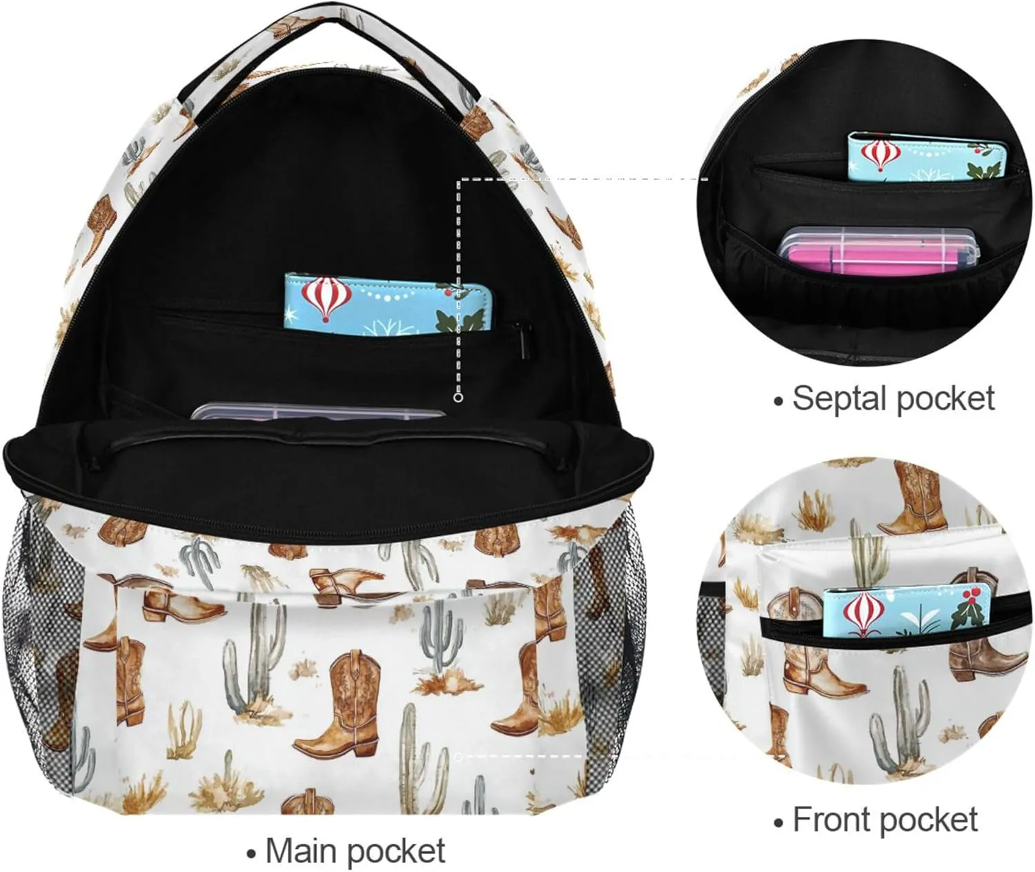 KLL Cute Backpack for Teacher Nurse Waterproof Personal Backpack with Chest Strap for Travel Trip Western Cowboy Boho Cactus Boots West Ranch