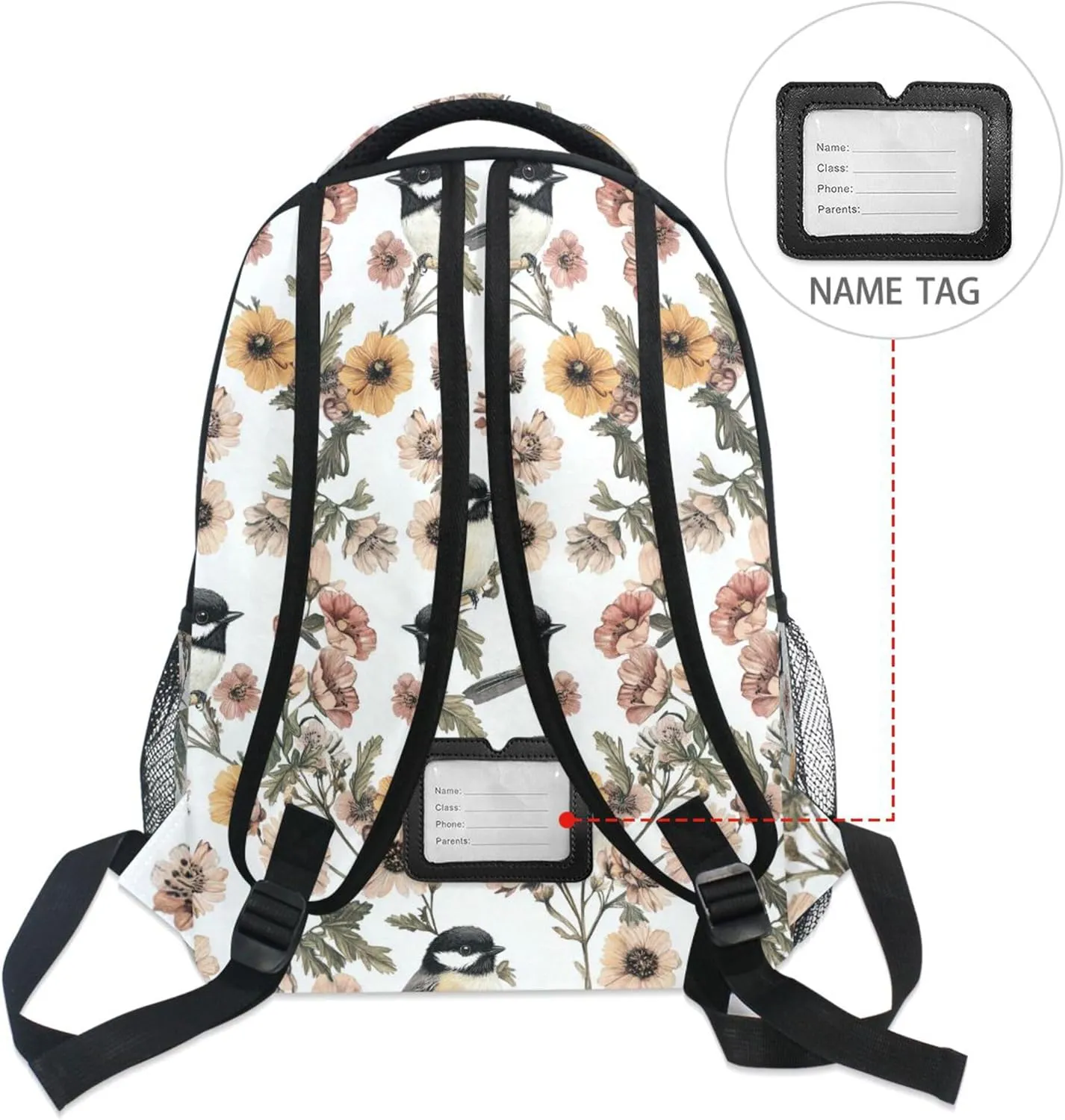 KLL Sport Backpack for Unisex Adult Waterproof Carry On Backpacks with Chest Strap Gift Men & Women Aesthetic Black - Capped Chickadee Birds White