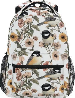 KLL Sport Backpack for Unisex Adult Waterproof Carry On Backpacks with Chest Strap Gift Men & Women Aesthetic Black - Capped Chickadee Birds White