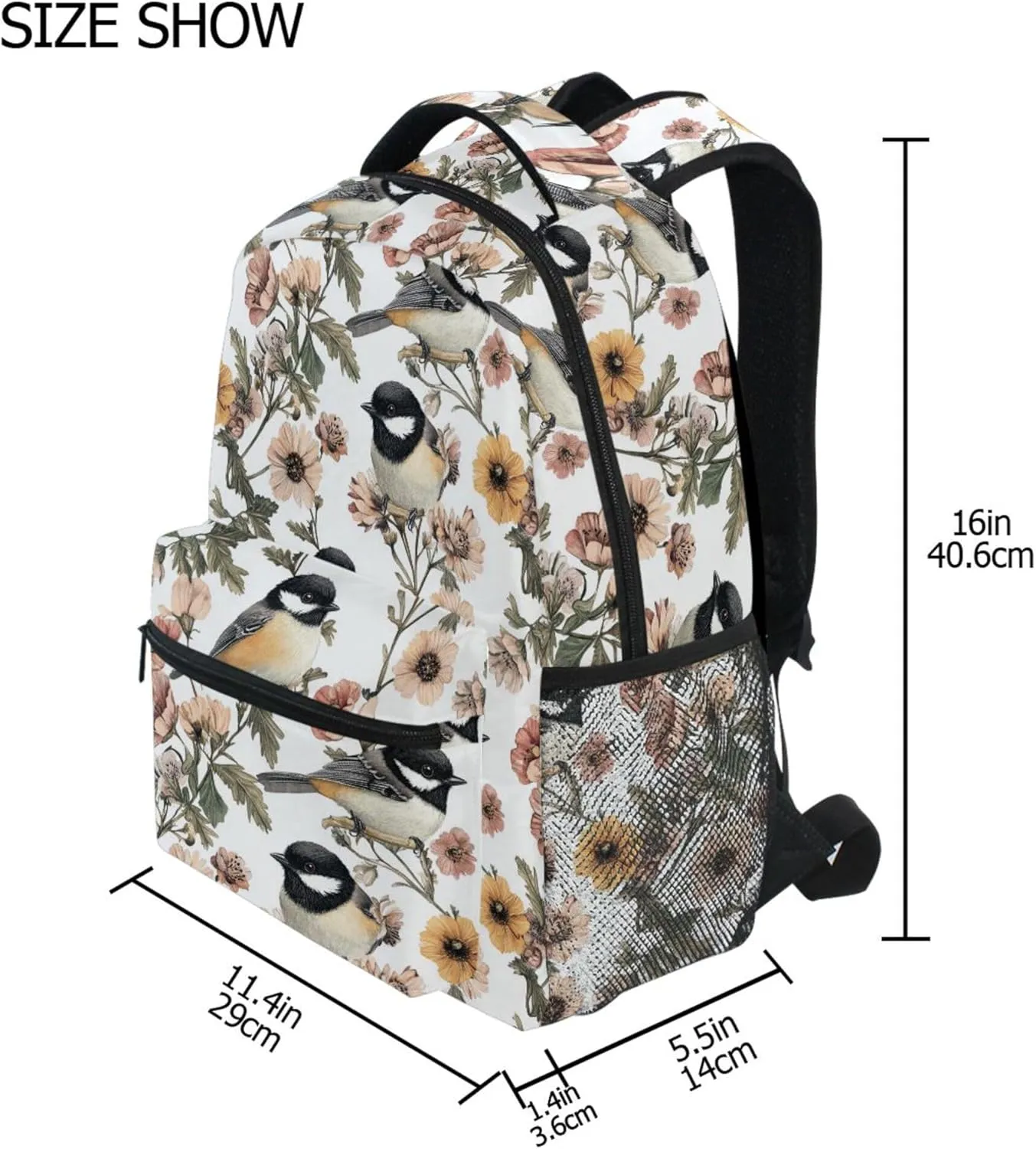 KLL Sport Backpack for Unisex Adult Waterproof Carry On Backpacks with Chest Strap Gift Men & Women Aesthetic Black - Capped Chickadee Birds White