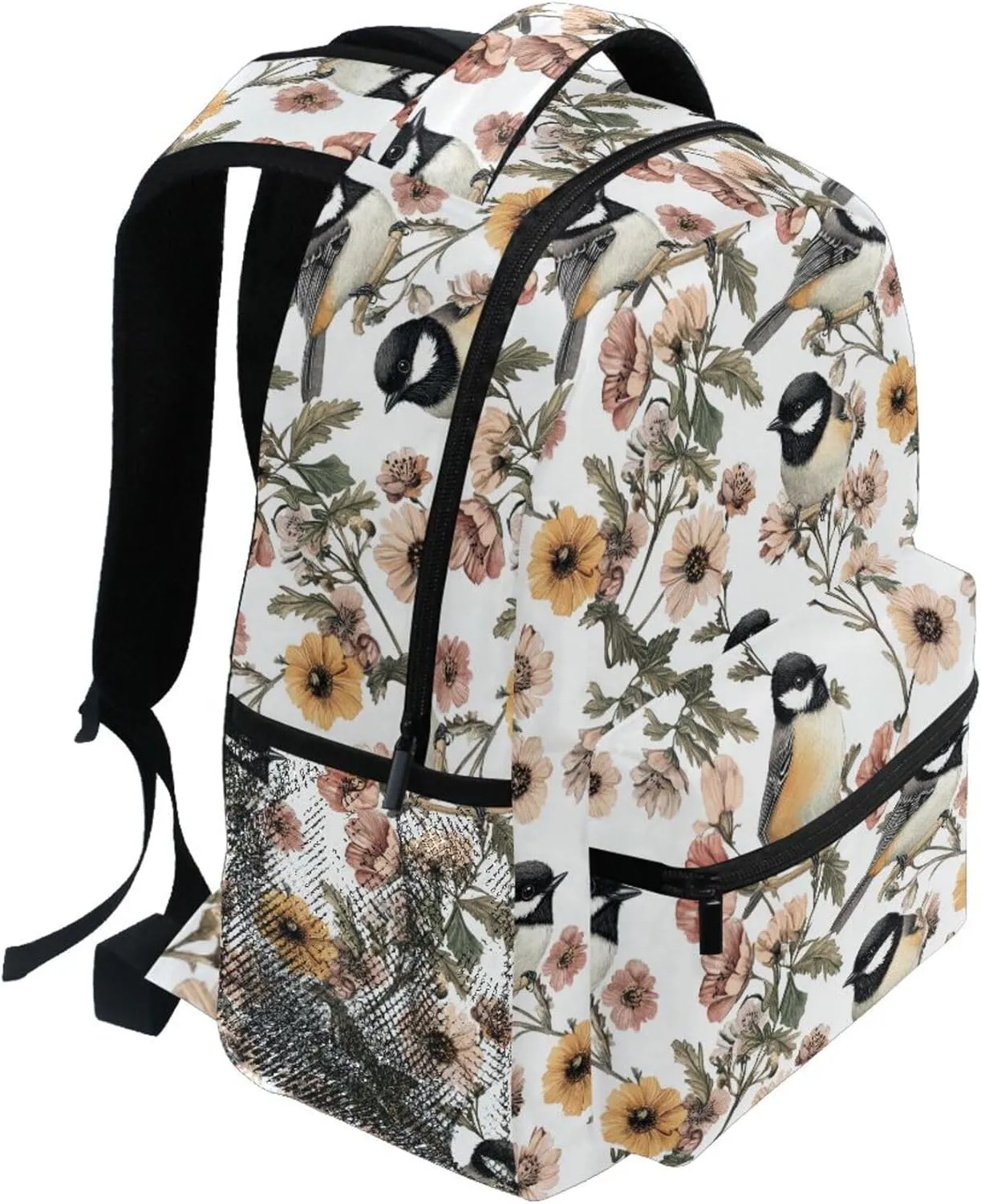 KLL Sport Backpack for Unisex Adult Waterproof Carry On Backpacks with Chest Strap Gift Men & Women Aesthetic Black - Capped Chickadee Birds White