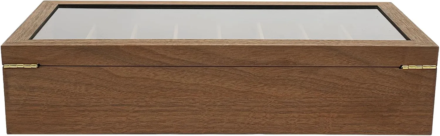 Knife Display Case, 17 Slot Storage Box, 2-Tier Lockable, Showcase & Organizer with Ebony Veneer and Real Glass Window Top for Pocket Knives, Men Gift, 16*7.7*3.5 in (Walnut Color, 2 Tiers)