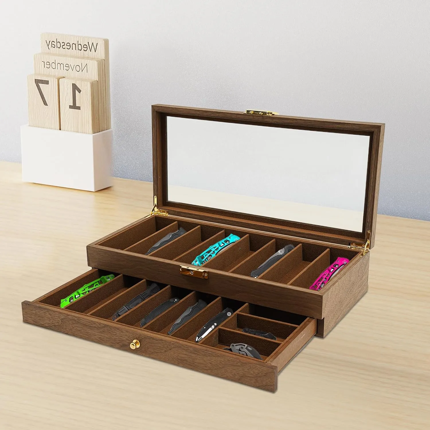 Knife Display Case, 17 Slot Storage Box, 2-Tier Lockable, Showcase & Organizer with Ebony Veneer and Real Glass Window Top for Pocket Knives, Men Gift, 16*7.7*3.5 in (Walnut Color, 2 Tiers)