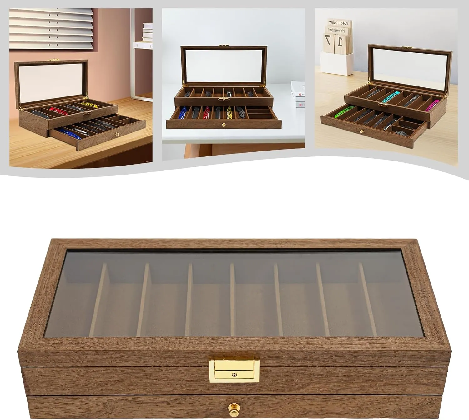 Knife Display Case, 17 Slot Storage Box, 2-Tier Lockable, Showcase & Organizer with Ebony Veneer and Real Glass Window Top for Pocket Knives, Men Gift, 16*7.7*3.5 in (Walnut Color, 2 Tiers)