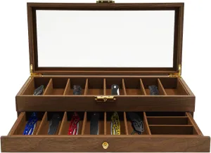 Knife Display Case, 17 Slot Storage Box, 2-Tier Lockable, Showcase & Organizer with Ebony Veneer and Real Glass Window Top for Pocket Knives, Men Gift, 16*7.7*3.5 in (Walnut Color, 2 Tiers)