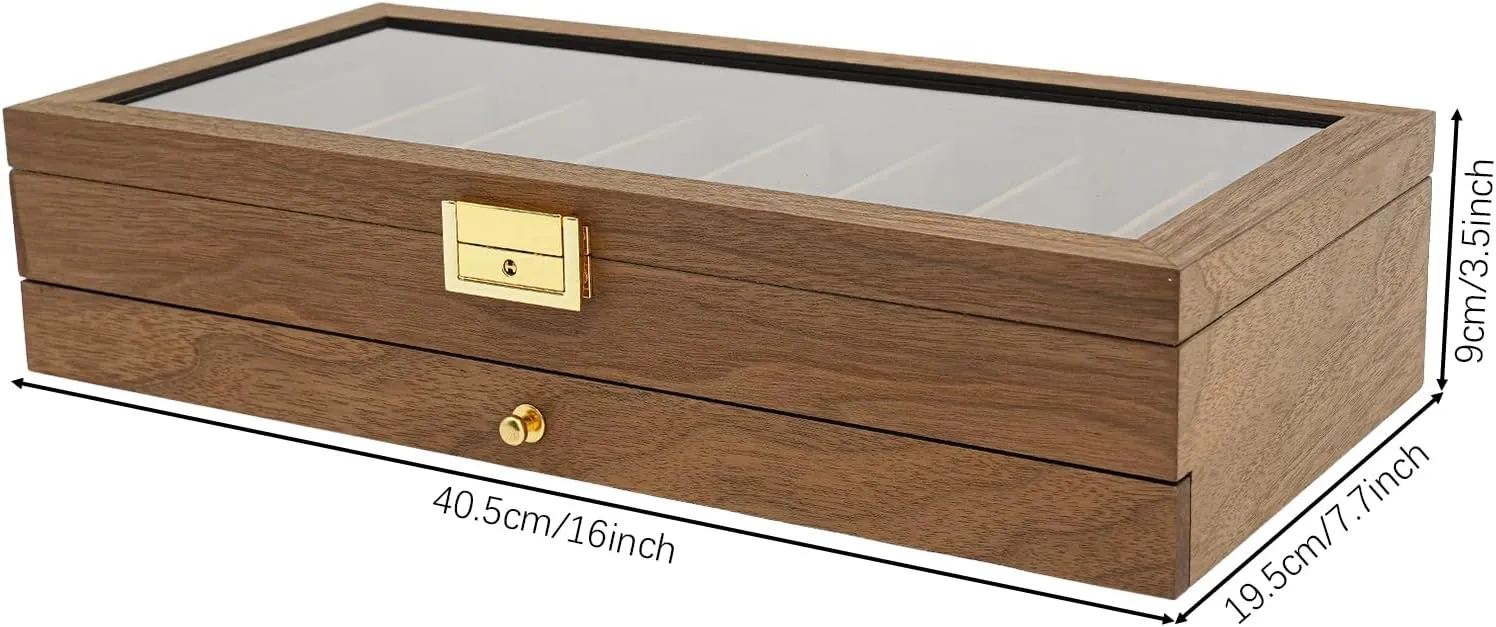 Knife Display Case, 17 Slot Storage Box, 2-Tier Lockable, Showcase & Organizer with Ebony Veneer and Real Glass Window Top for Pocket Knives, Men Gift, 16*7.7*3.5 in (Walnut Color, 2 Tiers)
