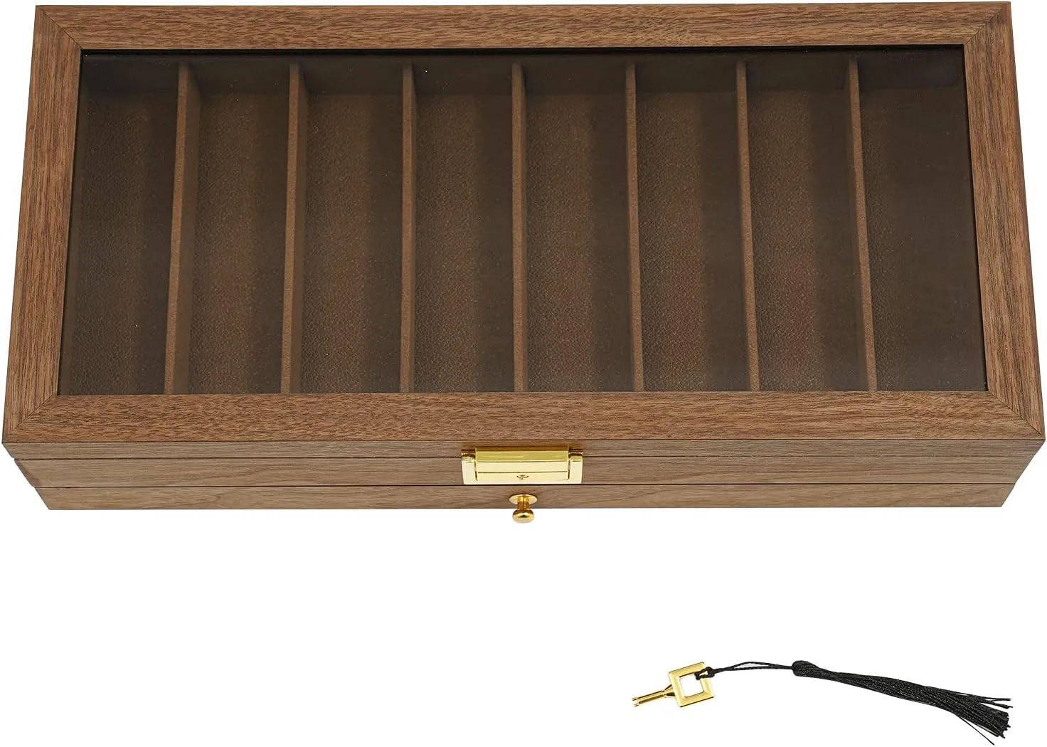 Knife Display Case, 17 Slot Storage Box, 2-Tier Lockable, Showcase & Organizer with Ebony Veneer and Real Glass Window Top for Pocket Knives, Men Gift, 16*7.7*3.5 in (Walnut Color, 2 Tiers)