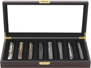 Knife Display Case w/Lockable & Glass Lid, Knife Storage Box w/8 Compartments,Knife Display Organizer Stand for Knife Collectors (Ebony Color)