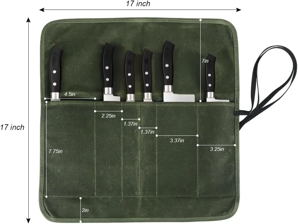Knife Roll Bag, Chef’s Knife Roll Bag, Heavy Duty Chef Knife Roll Bag with 6 Slots, Waxed Canvas Knife Bag Roll, Knife Pouch Holder for Home, Kitchen, Grill (green)