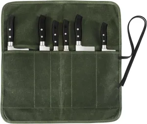 Knife Roll Bag, Chef’s Knife Roll Bag, Heavy Duty Chef Knife Roll Bag with 6 Slots, Waxed Canvas Knife Bag Roll, Knife Pouch Holder for Home, Kitchen, Grill (green)
