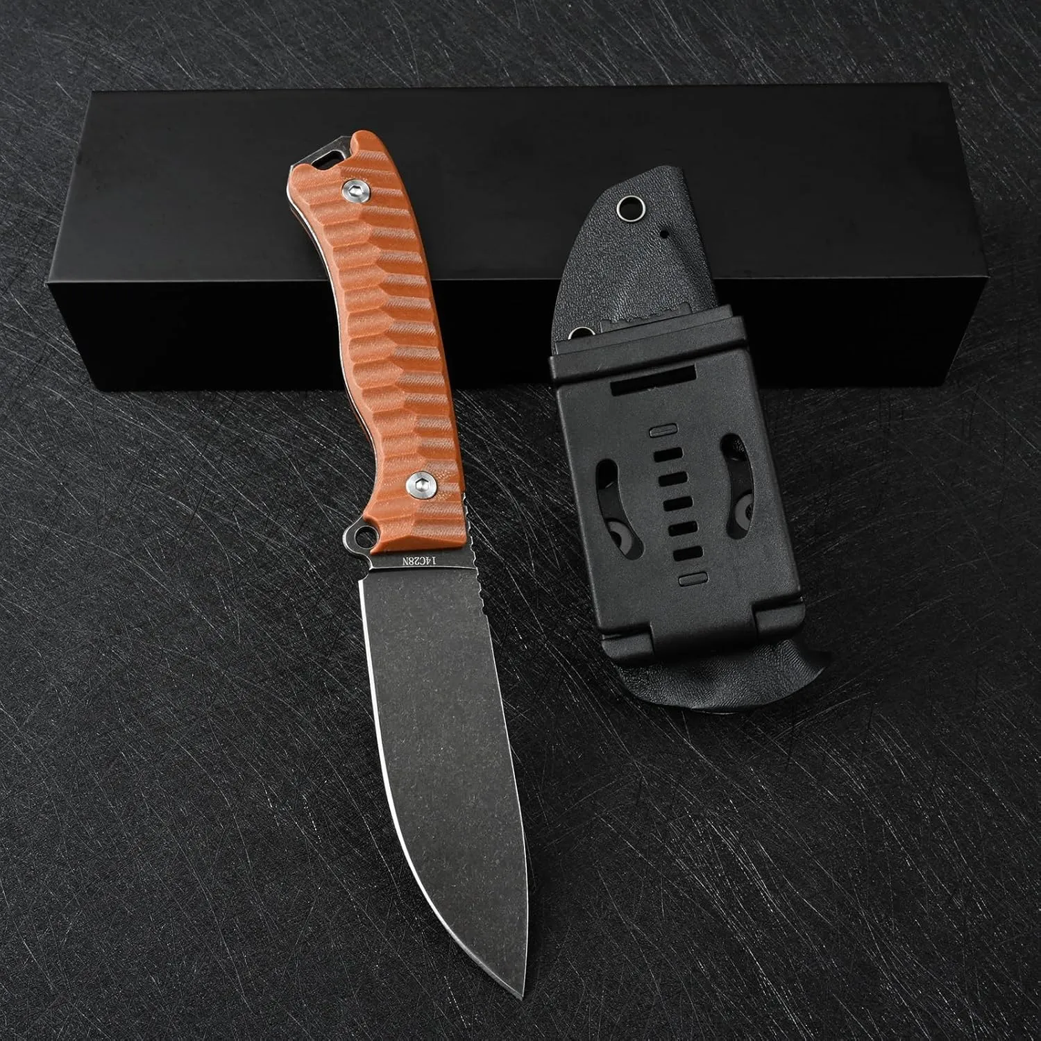 Knives 14C28N Steel Tactical Fixed Blade Knife with kydex sheath for Men EDC Outdoor Camping Survival Hunting (Black brown)