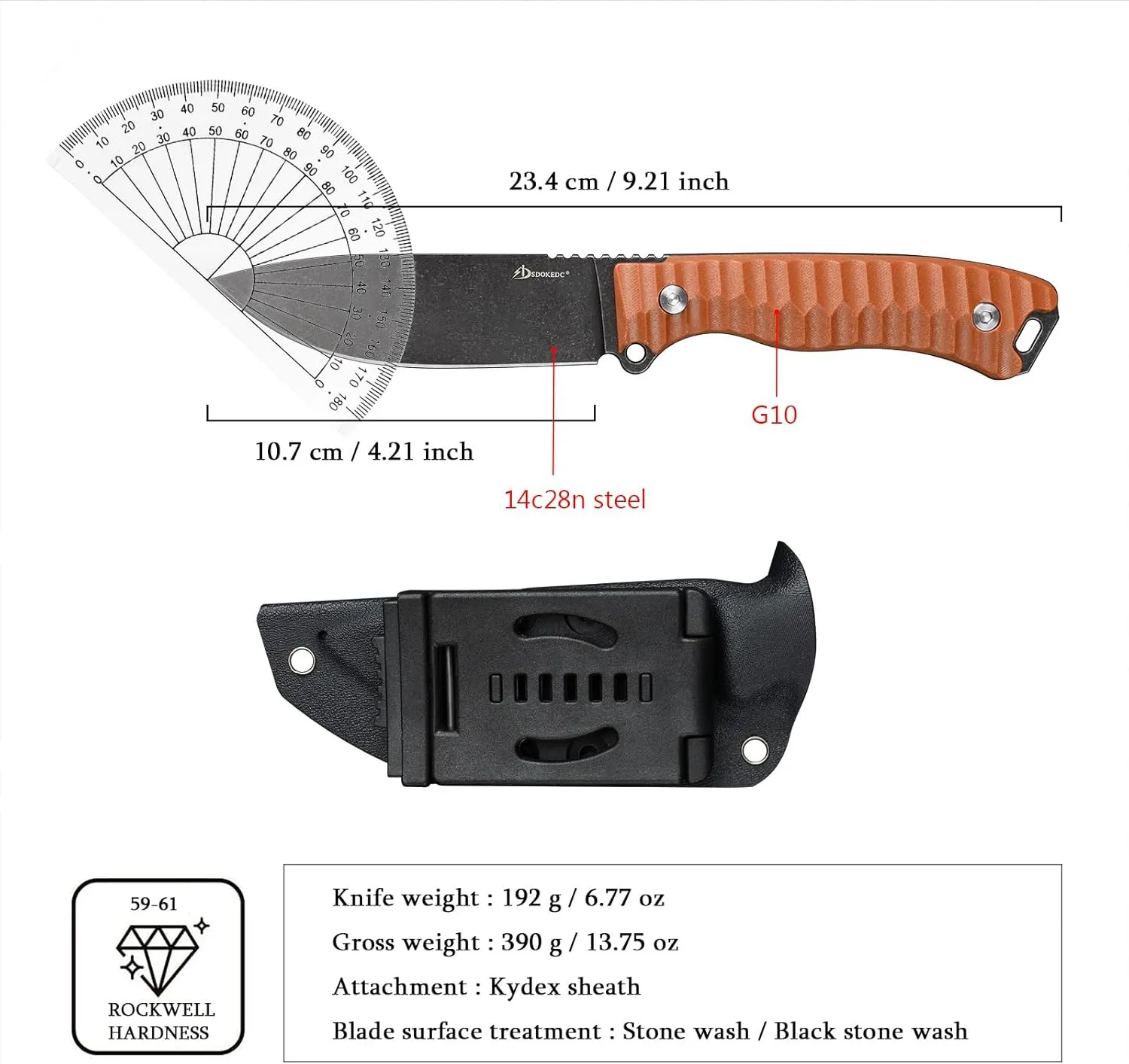 Knives 14C28N Steel Tactical Fixed Blade Knife with kydex sheath for Men EDC Outdoor Camping Survival Hunting (Black brown)