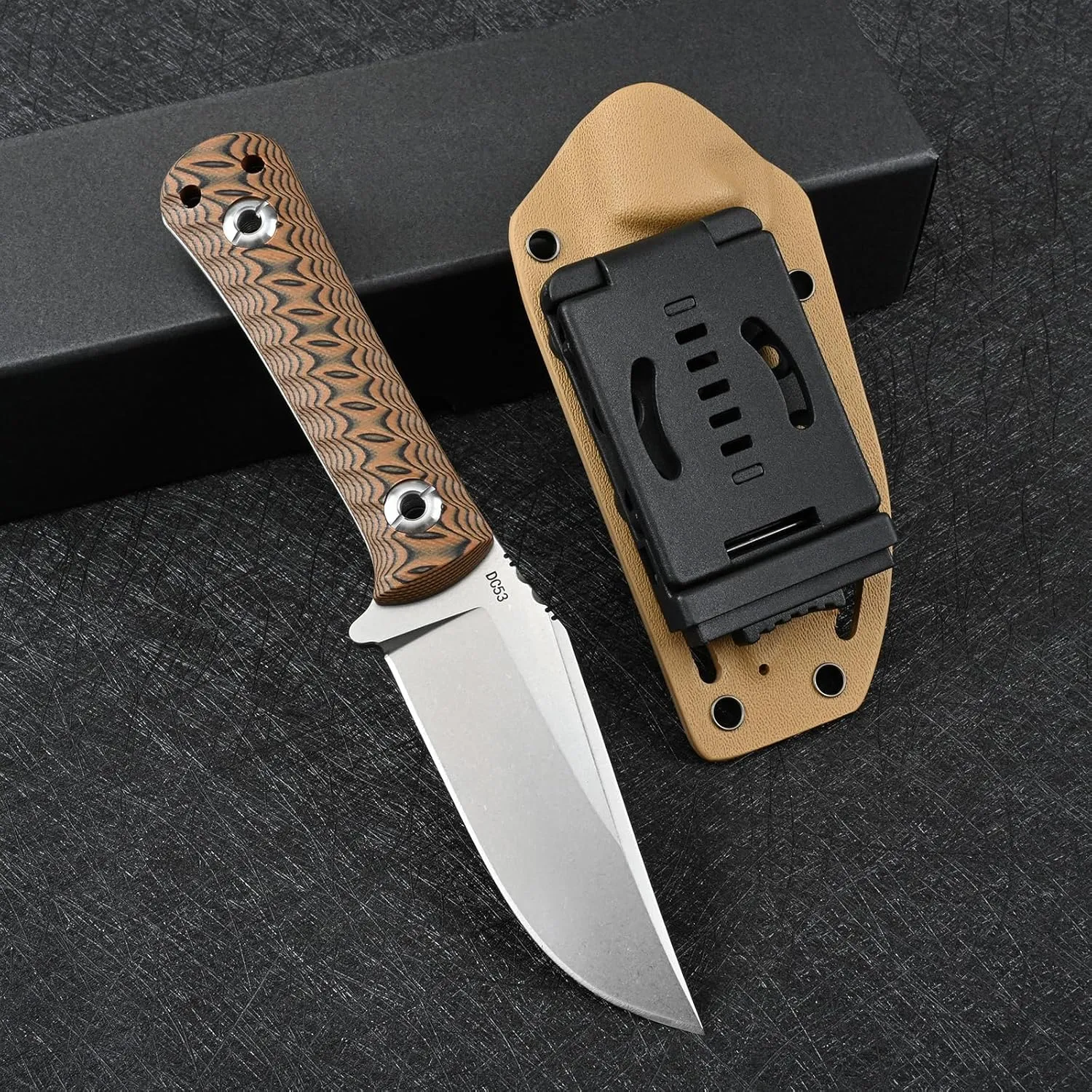 Knives DC53 Steel EDC Tactical Fixed Blade Knife G10 Handle with kydex sheath for Men Camping Survival Hunting Outdoor (White Brown)