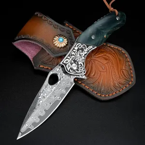 KOMWERO Damascus Folding Pocket Knife with Leather Sheath，2.95-in Blade Damascus Steel Knife with Stabilized Wood and Steel Handle, EDC Damascus Camping Knife for Men Women Collection
