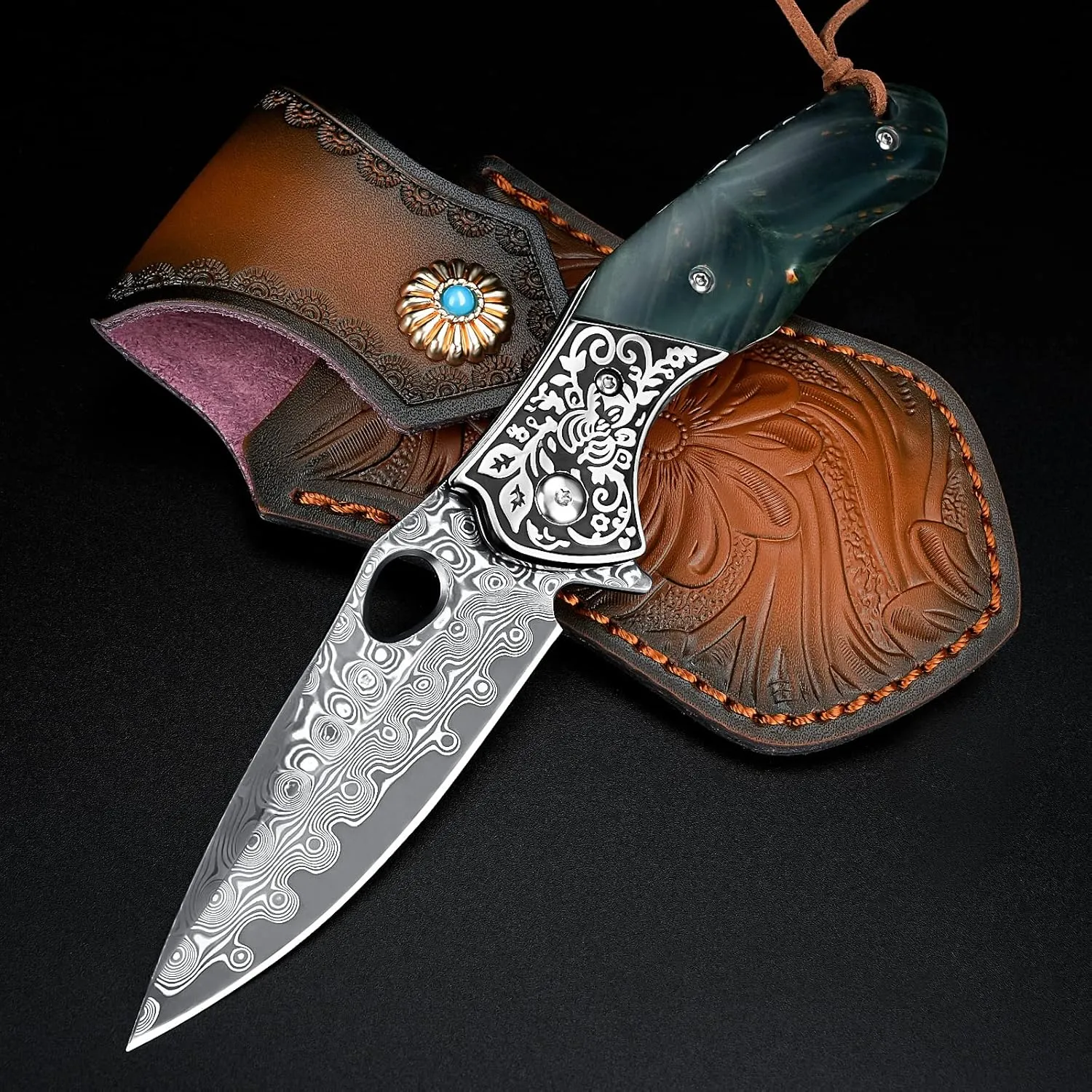 KOMWERO Damascus Folding Pocket Knife with Leather Sheath，2.95-in Blade Damascus Steel Knife with Stabilized Wood and Steel Handle, EDC Damascus Camping Knife for Men Women Collection