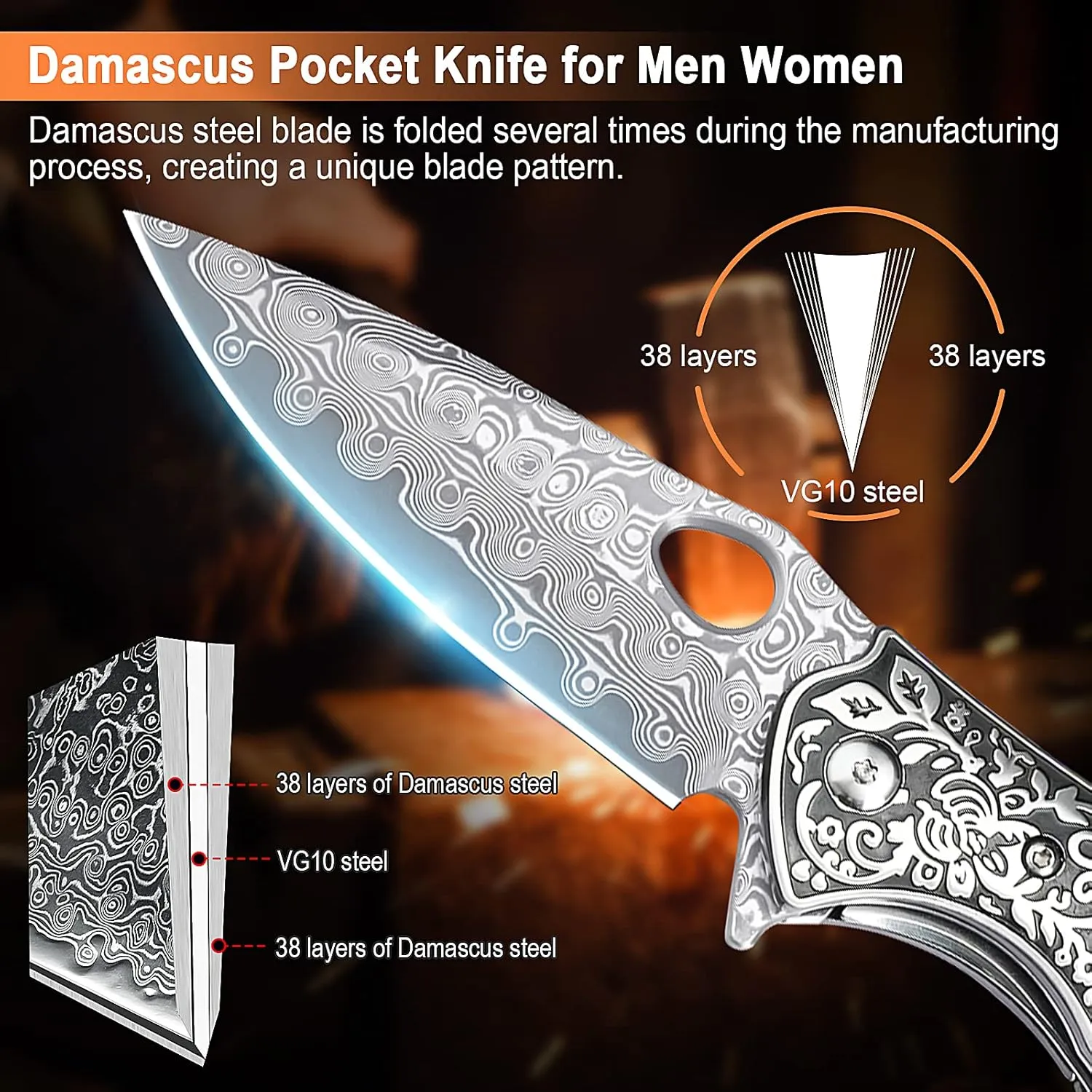 KOMWERO Damascus Folding Pocket Knife with Leather Sheath，2.95-in Blade Damascus Steel Knife with Stabilized Wood and Steel Handle, EDC Damascus Camping Knife for Men Women Collection