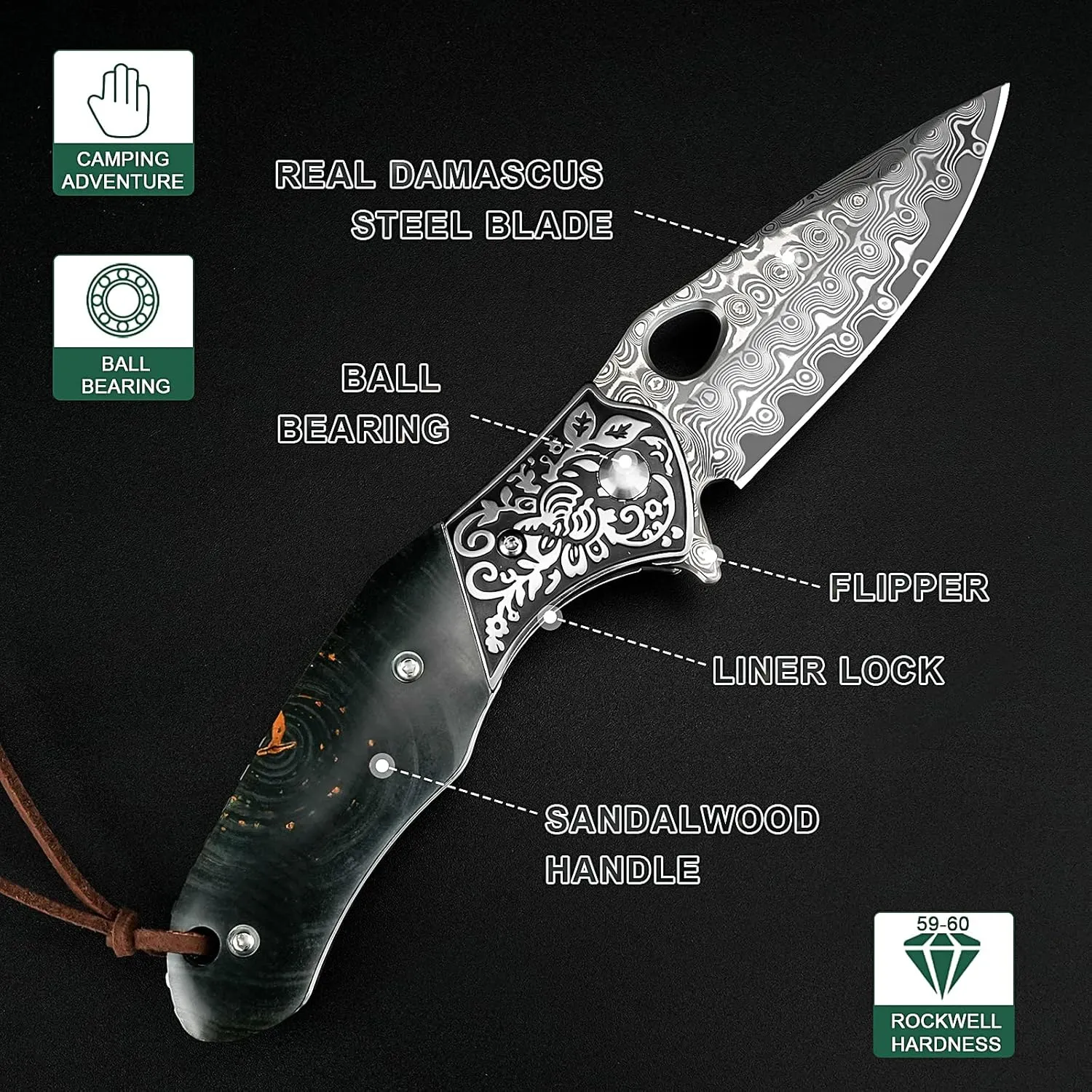 KOMWERO Damascus Folding Pocket Knife with Leather Sheath，2.95-in Blade Damascus Steel Knife with Stabilized Wood and Steel Handle, EDC Damascus Camping Knife for Men Women Collection