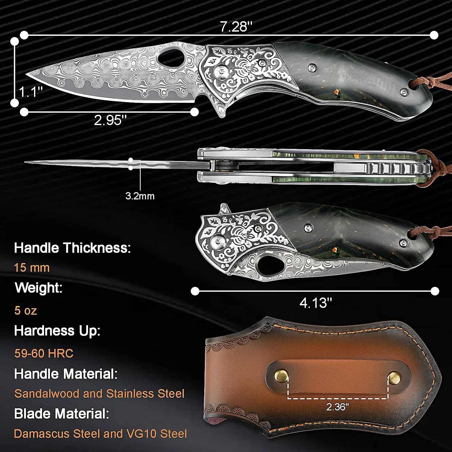 KOMWERO Damascus Folding Pocket Knife with Leather Sheath，2.95-in Blade Damascus Steel Knife with Stabilized Wood and Steel Handle, EDC Damascus Camping Knife for Men Women Collection
