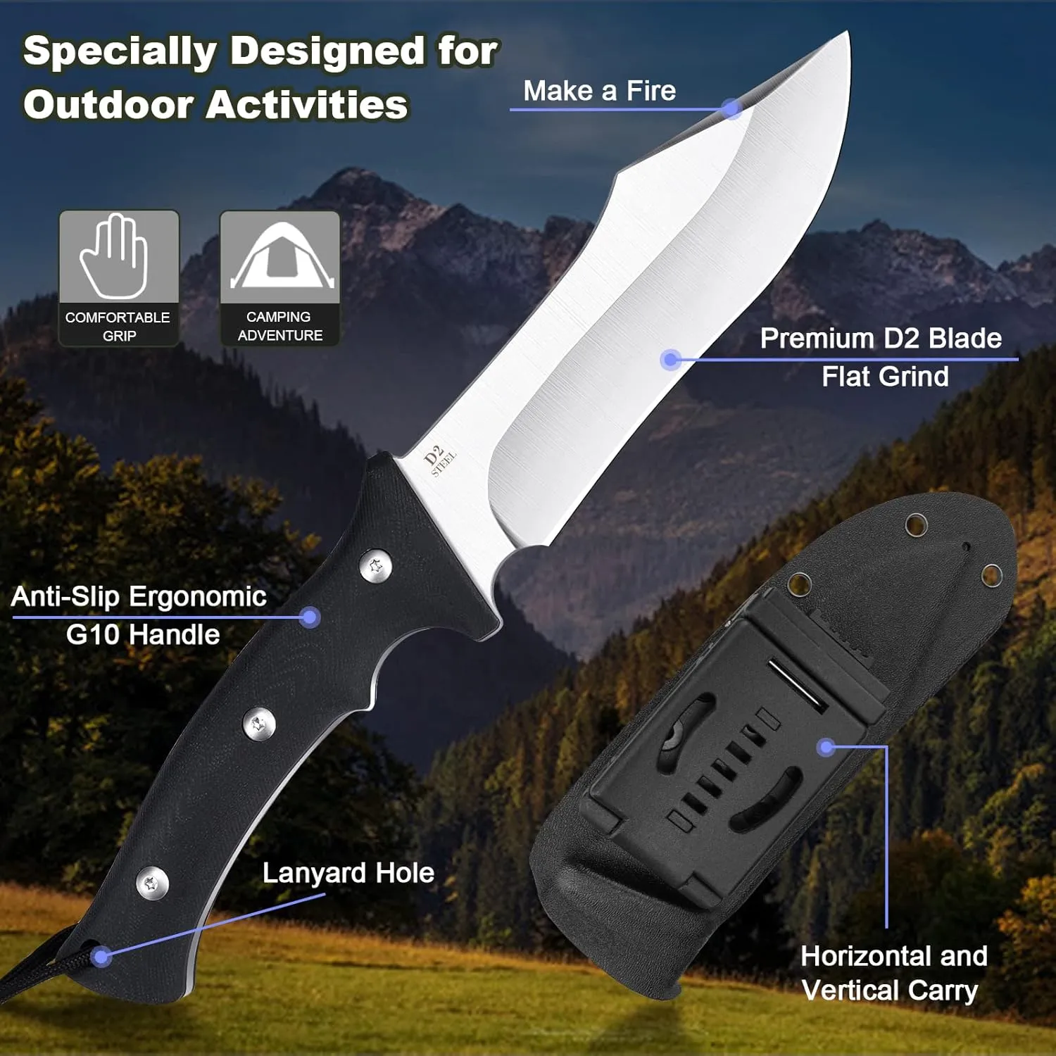 KOMWERO Fixed Blade Camping Knife with Kydex Sheath, D2 Steel Flat Grind Blade Full Tang Knife, Black Non-slip G10 Handle for Hunting Outdoor Survival