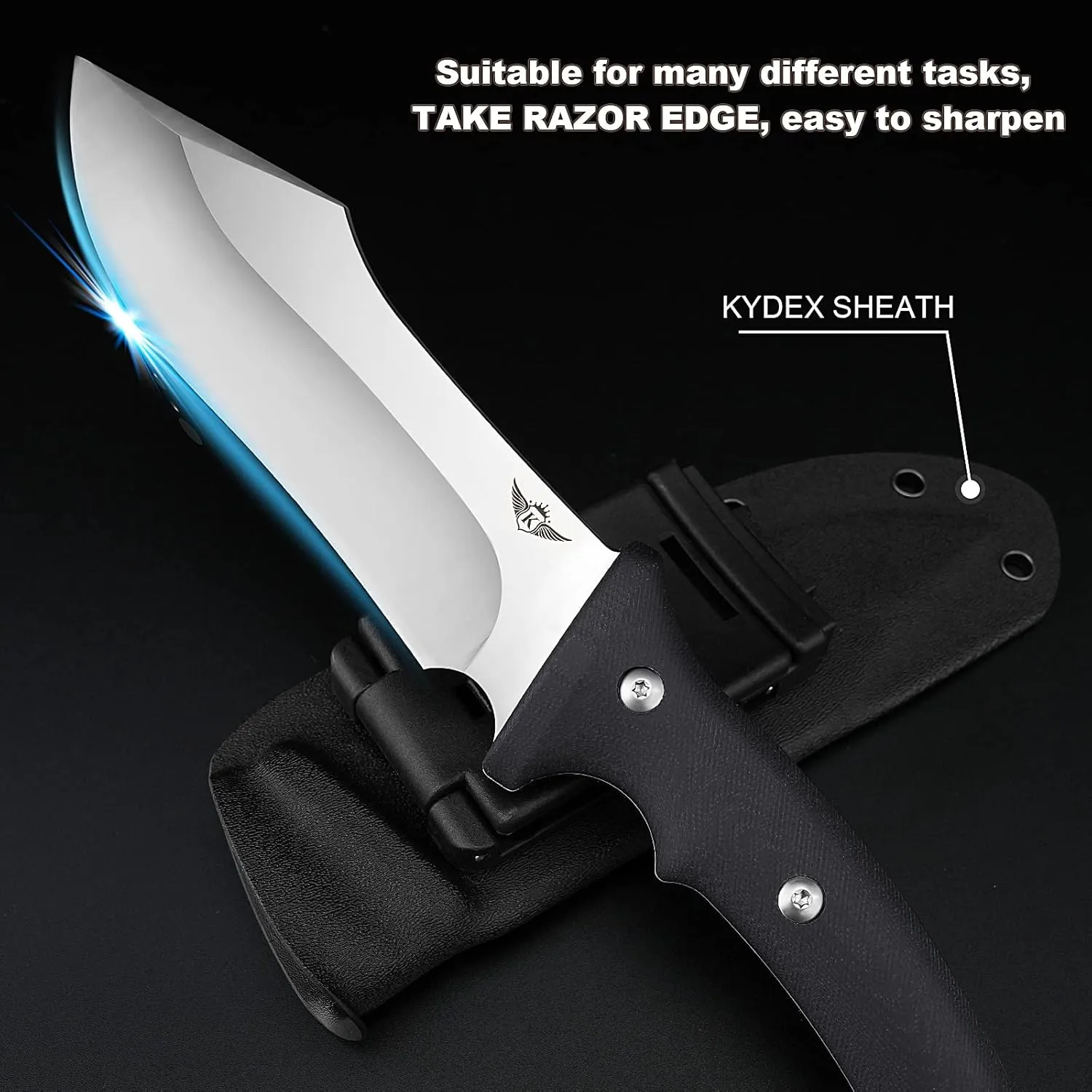 KOMWERO Fixed Blade Camping Knife with Kydex Sheath, D2 Steel Flat Grind Blade Full Tang Knife, Black Non-slip G10 Handle for Hunting Outdoor Survival