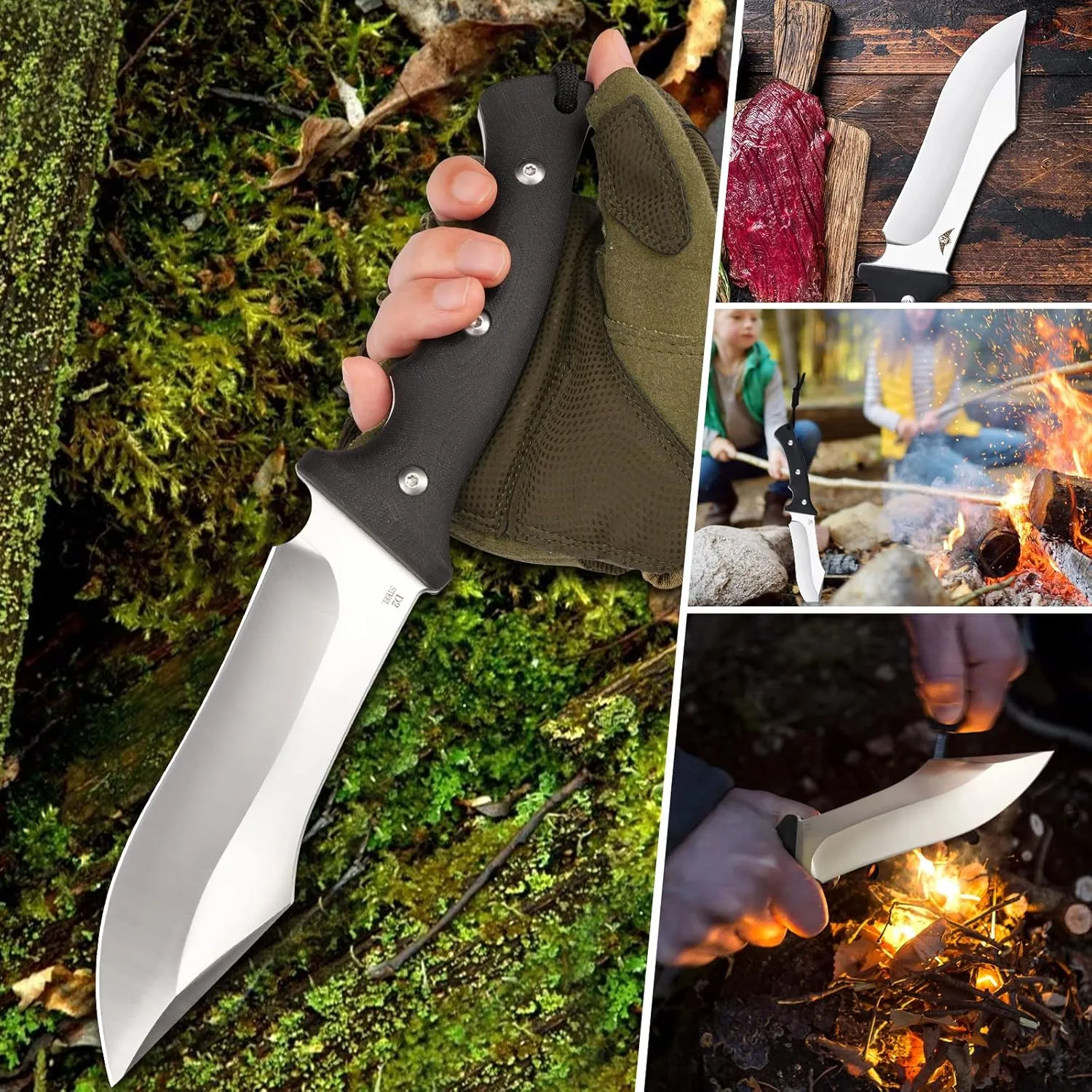 KOMWERO Fixed Blade Camping Knife with Kydex Sheath, D2 Steel Flat Grind Blade Full Tang Knife, Black Non-slip G10 Handle for Hunting Outdoor Survival