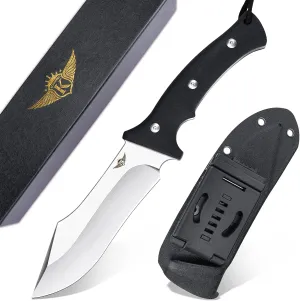 KOMWERO Fixed Blade Camping Knife with Kydex Sheath, D2 Steel Flat Grind Blade Full Tang Knife, Black Non-slip G10 Handle for Hunting Outdoor Survival