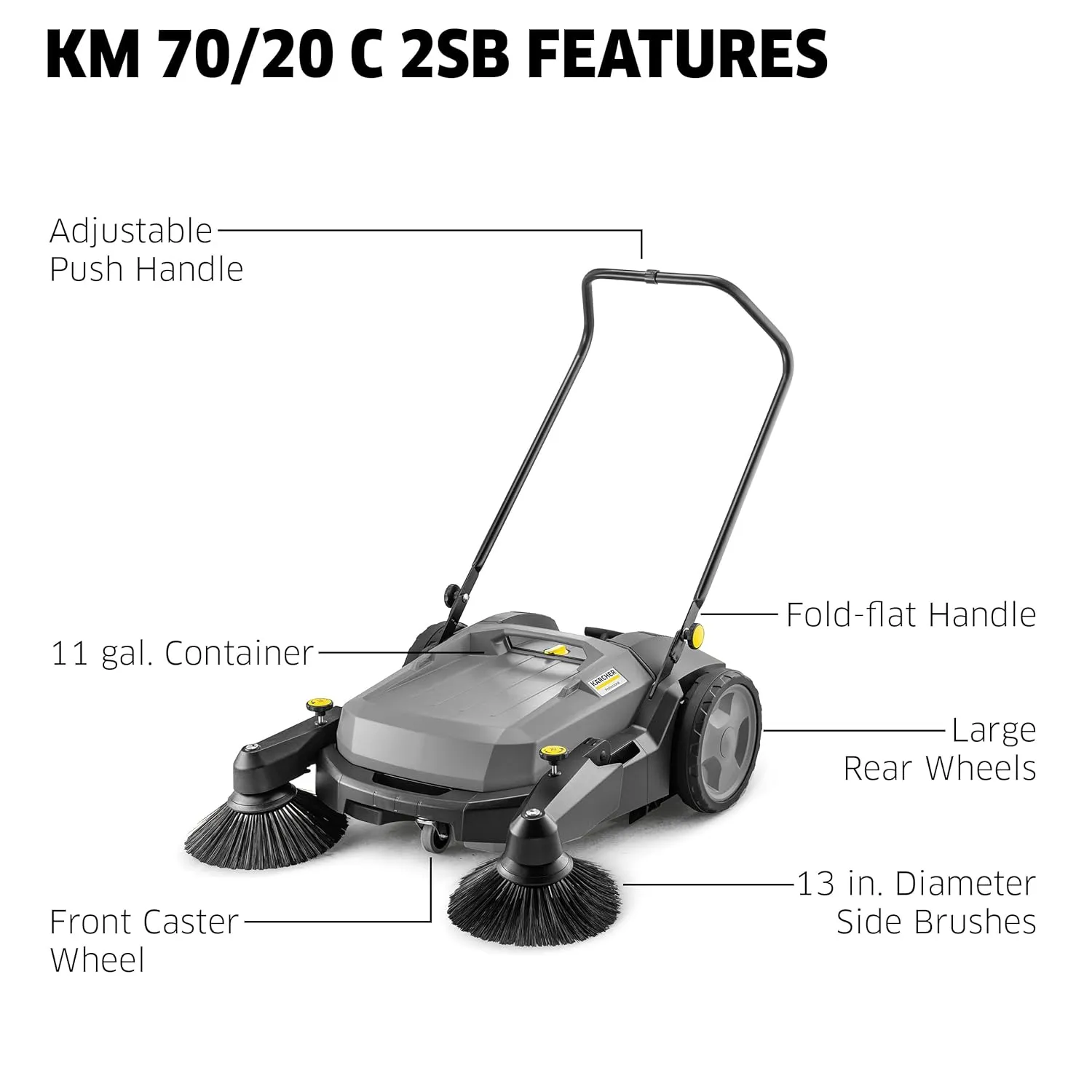 Kärcher Pro Walk Behind Outdoor Push Sweeper, KM 70/20 C 2SB, Two Bristle Brushes, Sweeps up to 30,000 ft²/h - 12 Gallon Capacity - for Commercial Use