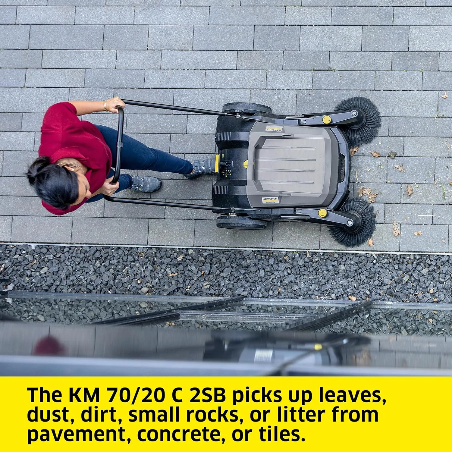 Kärcher Pro Walk Behind Outdoor Push Sweeper, KM 70/20 C 2SB, Two Bristle Brushes, Sweeps up to 30,000 ft²/h - 12 Gallon Capacity - for Commercial Use
