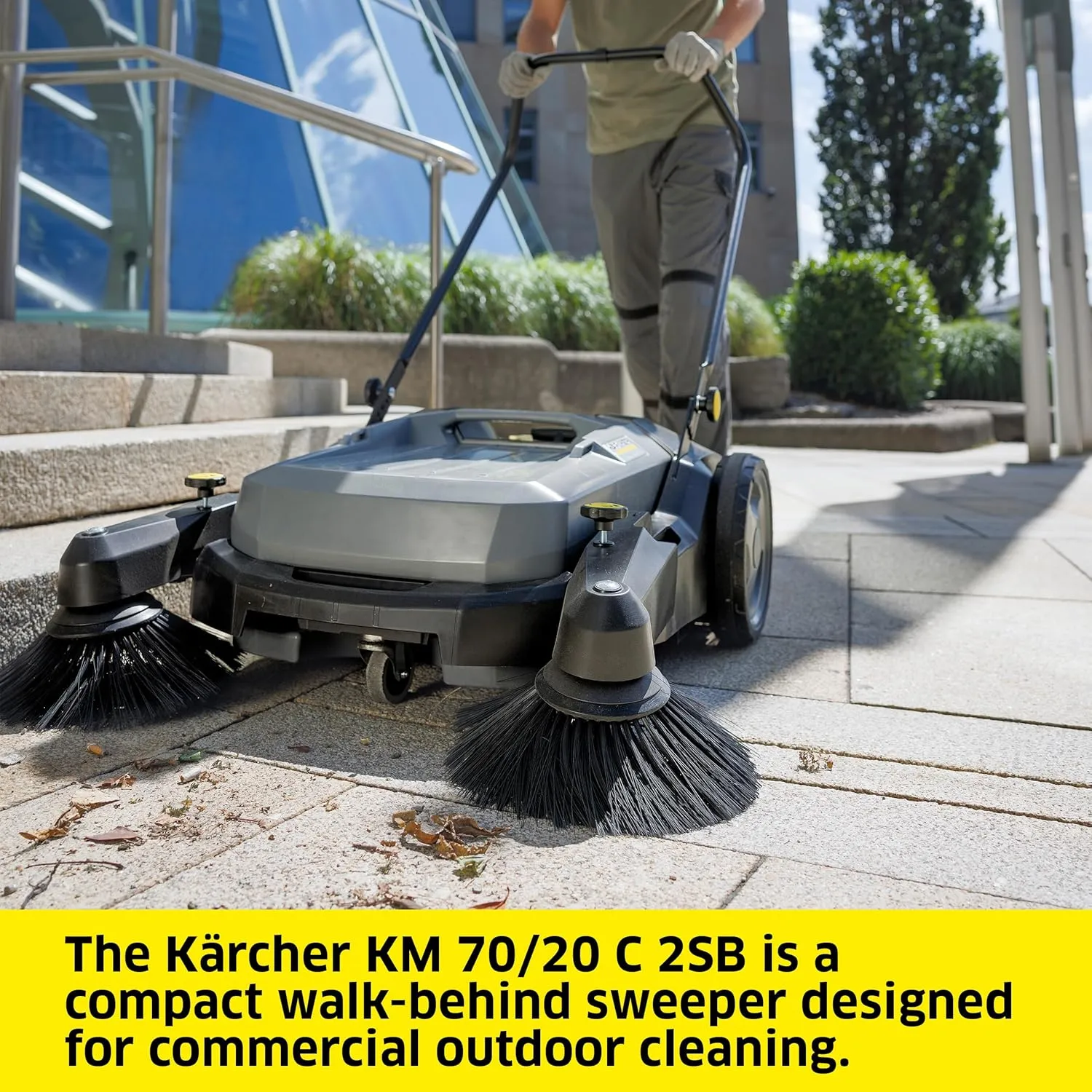 Kärcher Pro Walk Behind Outdoor Push Sweeper, KM 70/20 C 2SB, Two Bristle Brushes, Sweeps up to 30,000 ft²/h - 12 Gallon Capacity - for Commercial Use