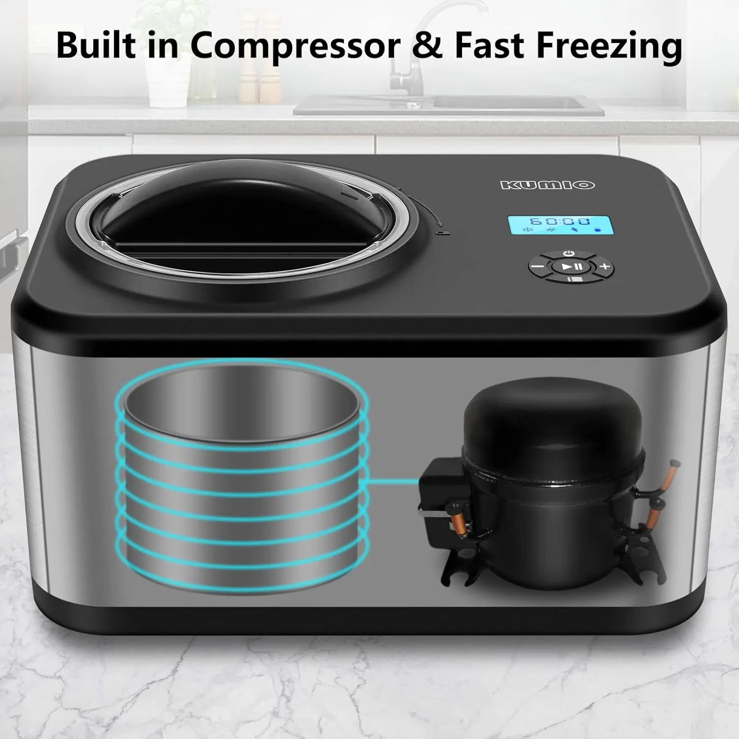 KUMIO 1.6-Quart Ice Cream Maker with Compressor, No Pre-Freezing, 4 Modes Ice Cream Maker Machine with LCD Display, Timer, Automatic Gelato & Yogurt Machine, Stainless Steel