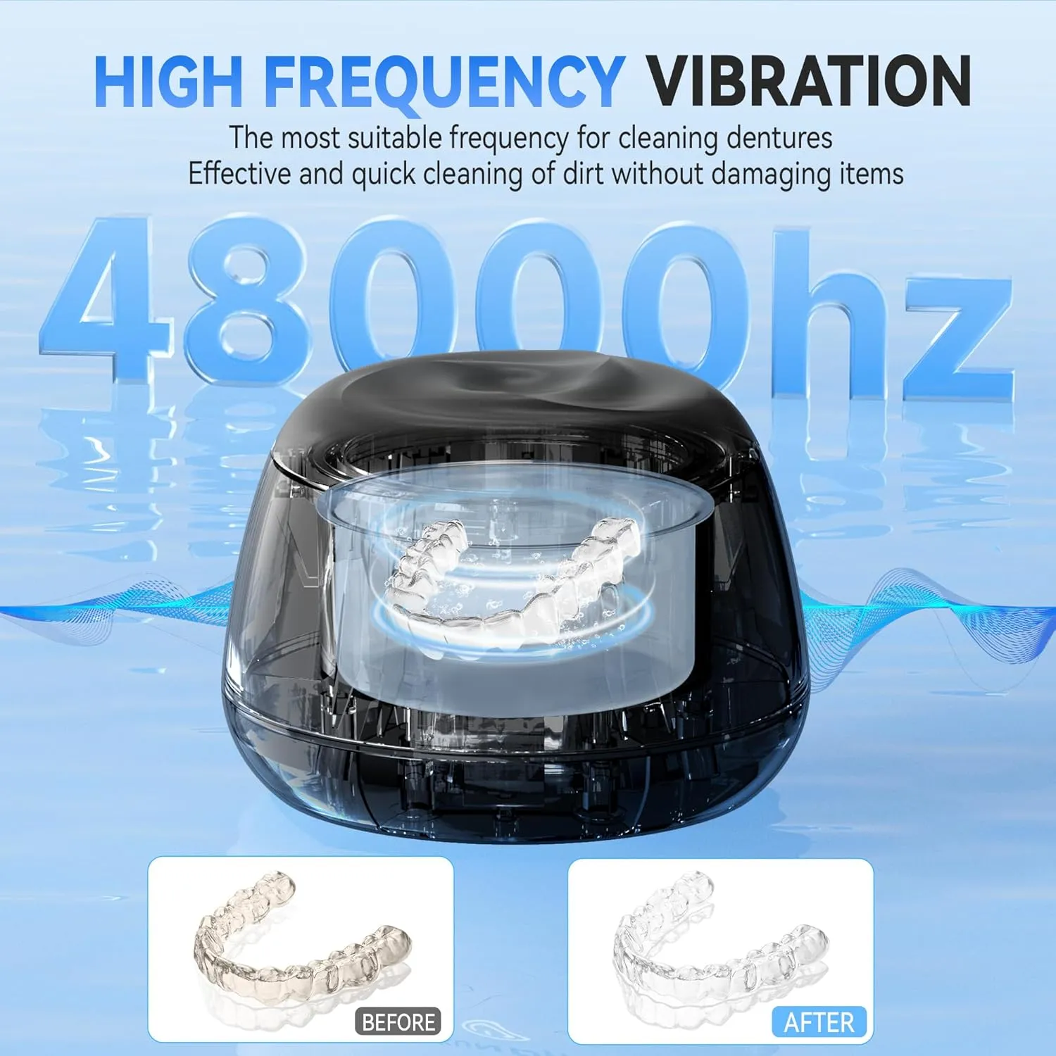 KUNPHY Ultrasonic Retainer Cleaner, 48kHz Denture Cleaner Machine with Cleaning Tablets, Water-Proof Dental Cleaning Pod for Deep Cleaning Night Guard, Mouth Guard, Aligner, Jewelry, Matte Black