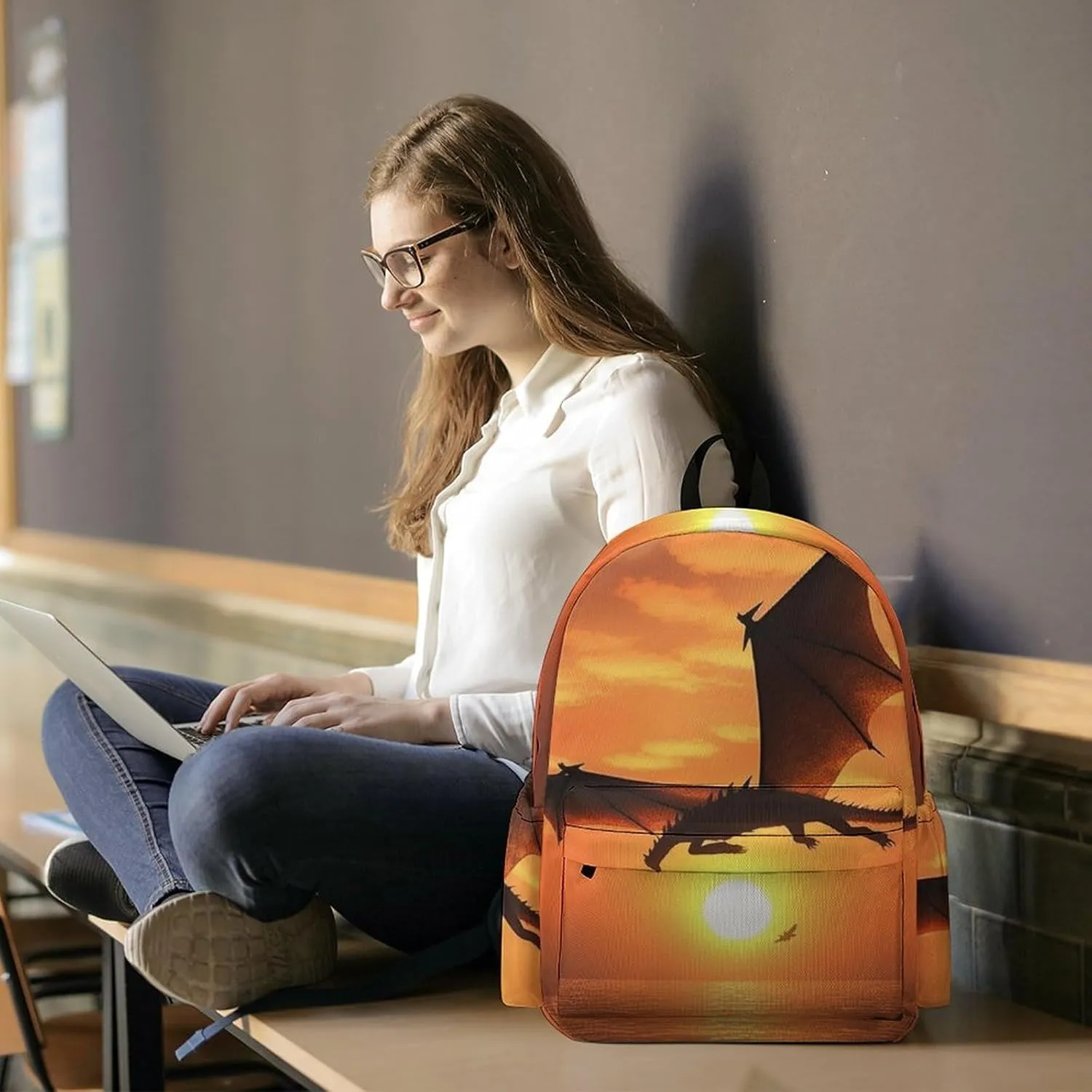 Laptop Backpack for Women Men Daypack Waterproof Sea Sunset Flying Dragon Computer Bag Business Work Bag for Travel