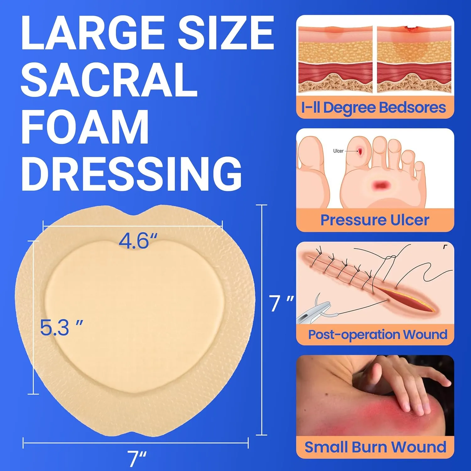 Large Waterproof Bandages Wound Care 7"x 7" Silicone Foam Dressings Sensitive Skin,10 Packs, Adhesive Bordered Pads for Bed Sore Pressure Relief Sacral Buttocks, Showering, Sterile Sacrum Care