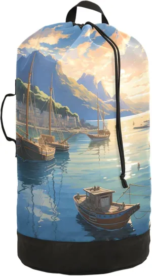 Laundry Bag Backpack Waterproof Beach Bag Clothes Hamper Bag Sailing Sailboat Seaway Large for Travel Camping Hiking Foldable Lightweight