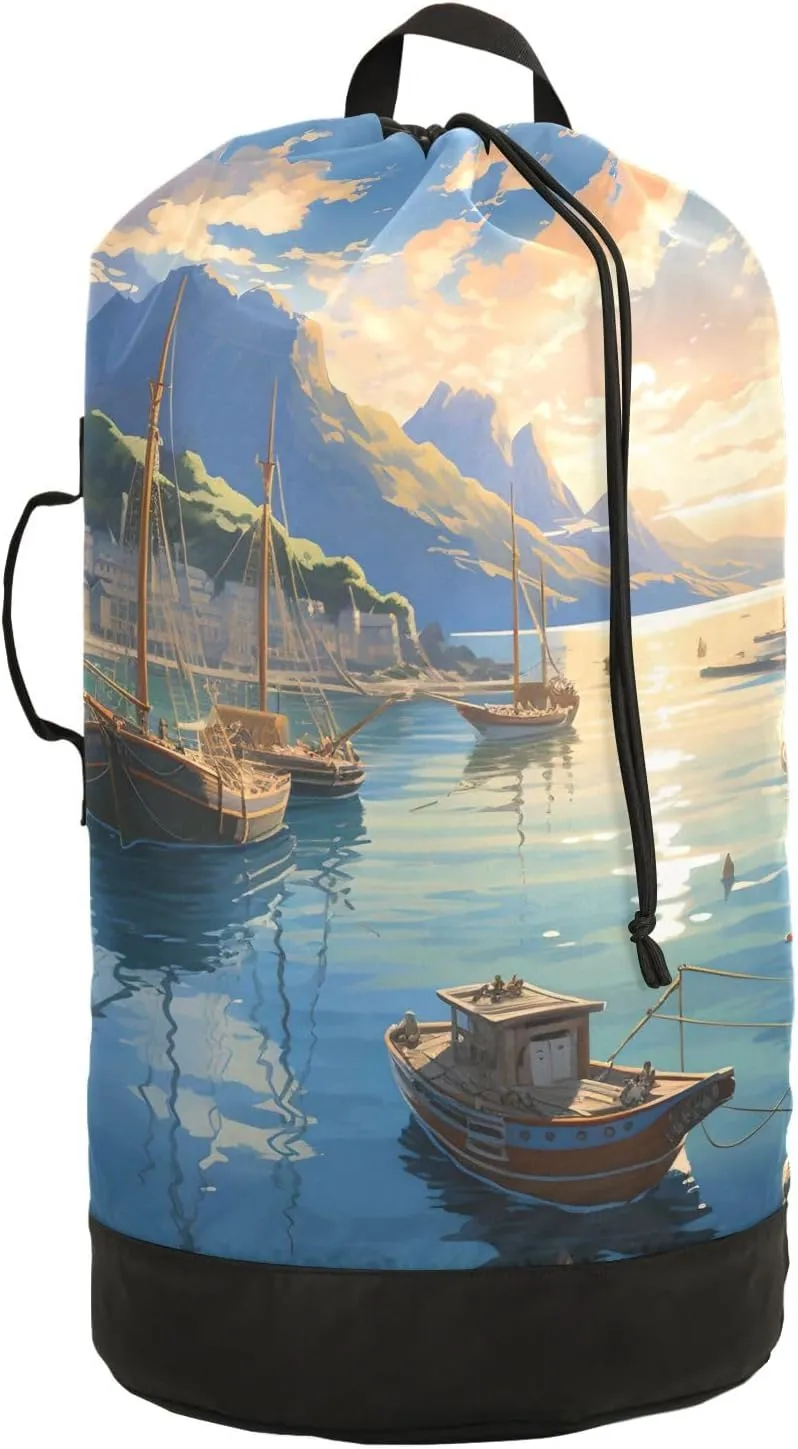 Laundry Bag Backpack Waterproof Beach Bag Clothes Hamper Bag Sailing Sailboat Seaway Large for Travel Camping Hiking Foldable Lightweight