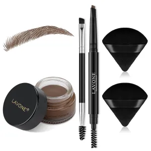 LAVONE Eyebrow Makeup Kit - Waterproof Pencil, Pomade, Powder Puff, Brush - Khaki Brown