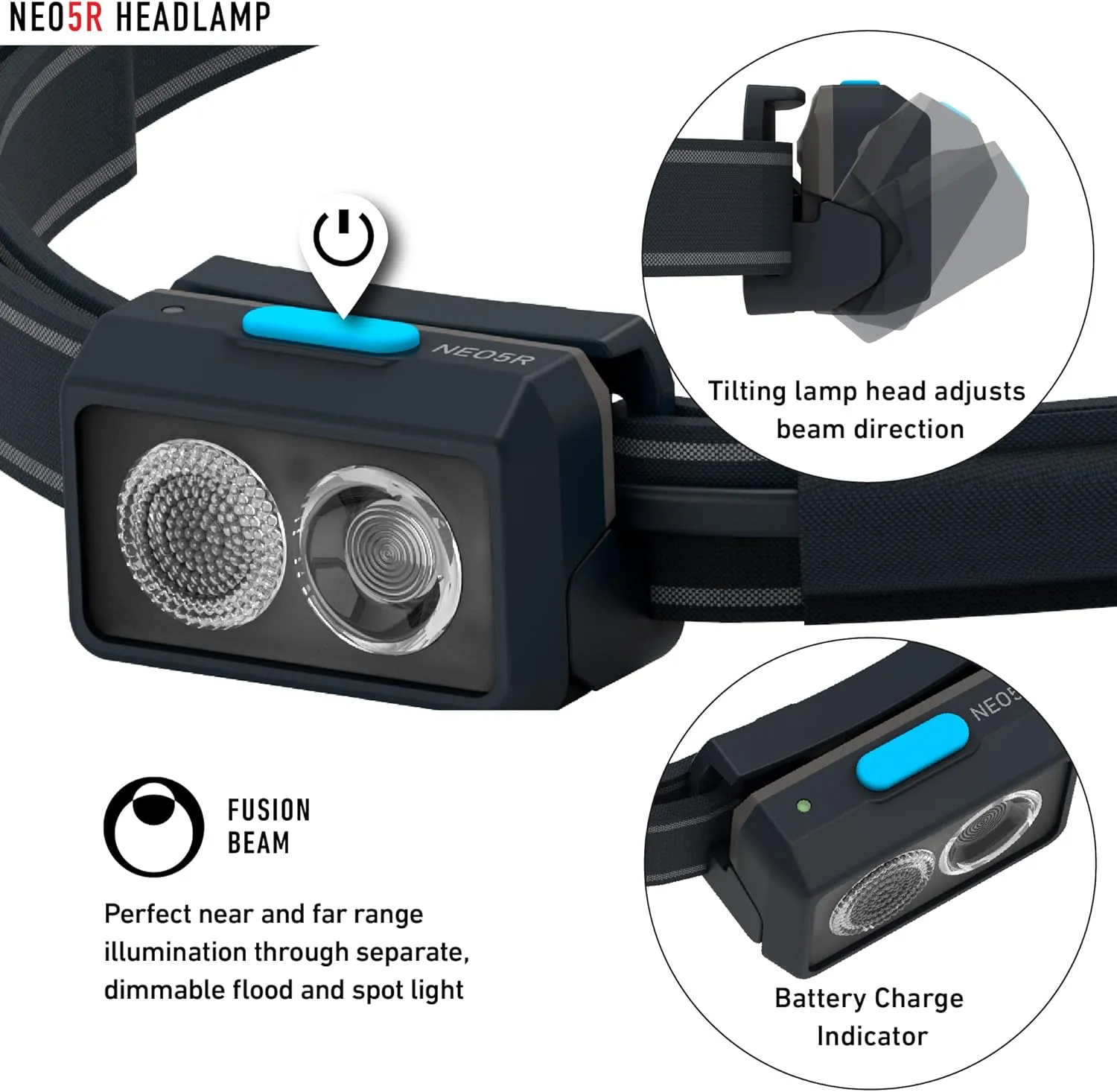 Ledlenser NEO5R LED headlamp Jogging, 600 lumens, Running lamp, Rechargeable, red Rear Light, Reflective Headband, Chest Strap, lamp Head swivelling (Blue)