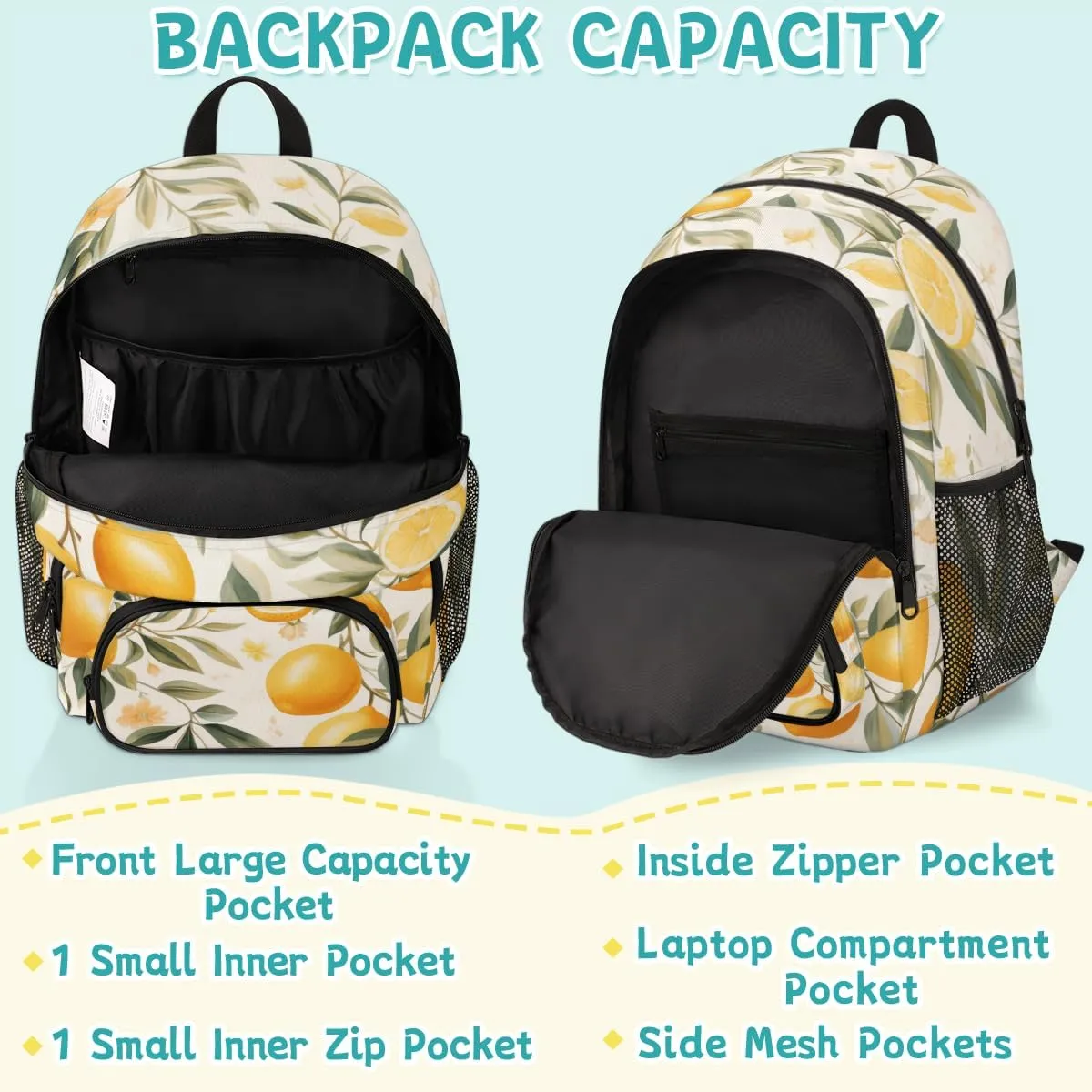 Lemon Carry on Travel Backpack for Women Men Water resistant Lightweight Rucksack Backpack for Weekender Casual Work Hiking Watercolor Summer Fruit Lemons