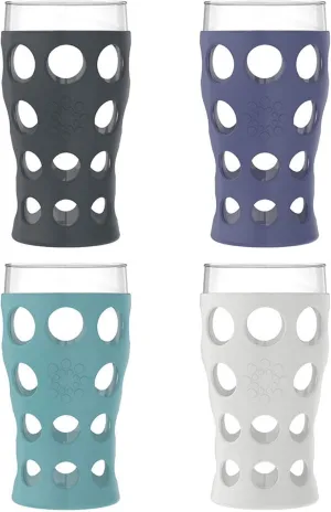 Lifefactory 20-Ounce Beverage Glasses with Protective Silicone Sleeves, 4 Count (Pack of 1), Stone Gray, Aqua Teal, Dusty Purple, Carbon
