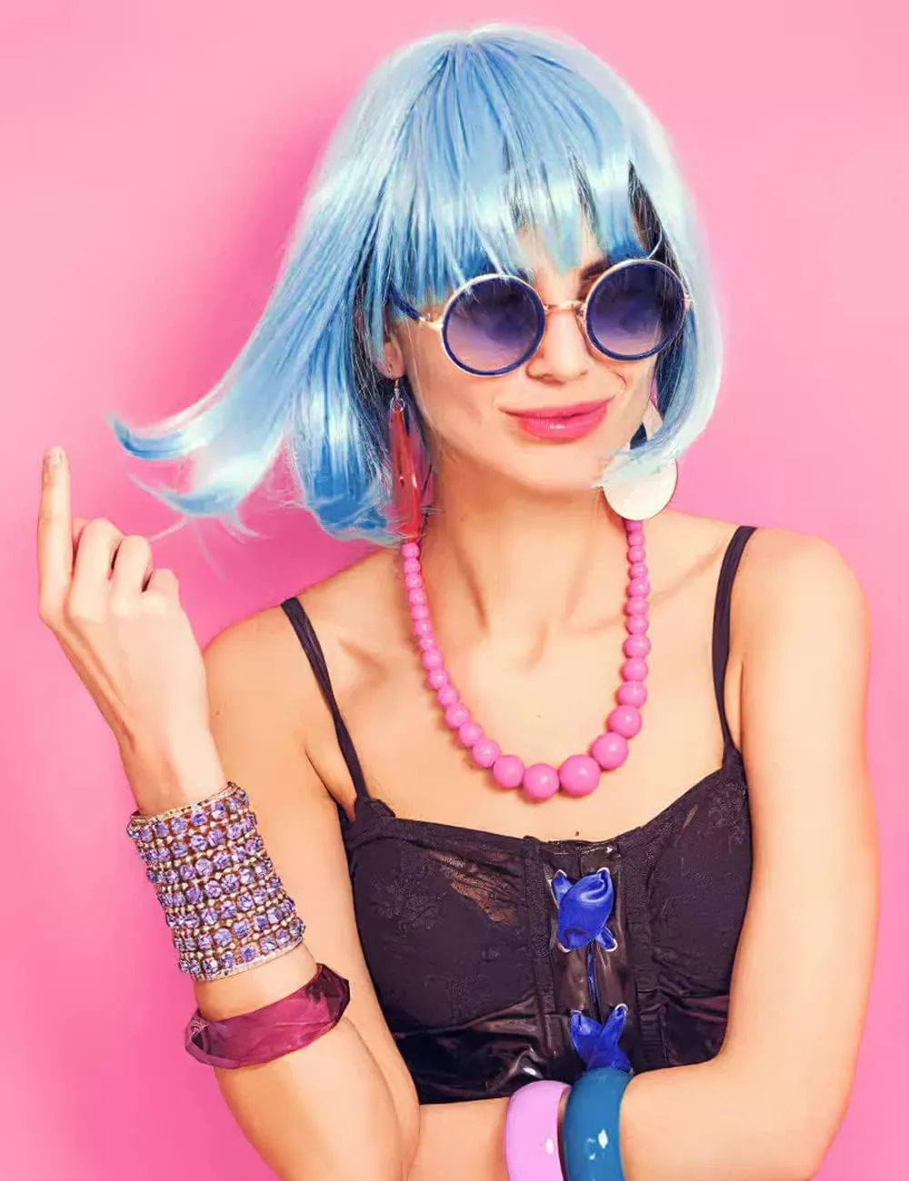 Light Blue Wig and Party Sunglasses, Cosplay Blue Wigs for Women Party Rainbow Wig with Neon Glasses Blue Wigs for Women - Bachelorette Party Wigs Decorations Favors (Ice Blue)