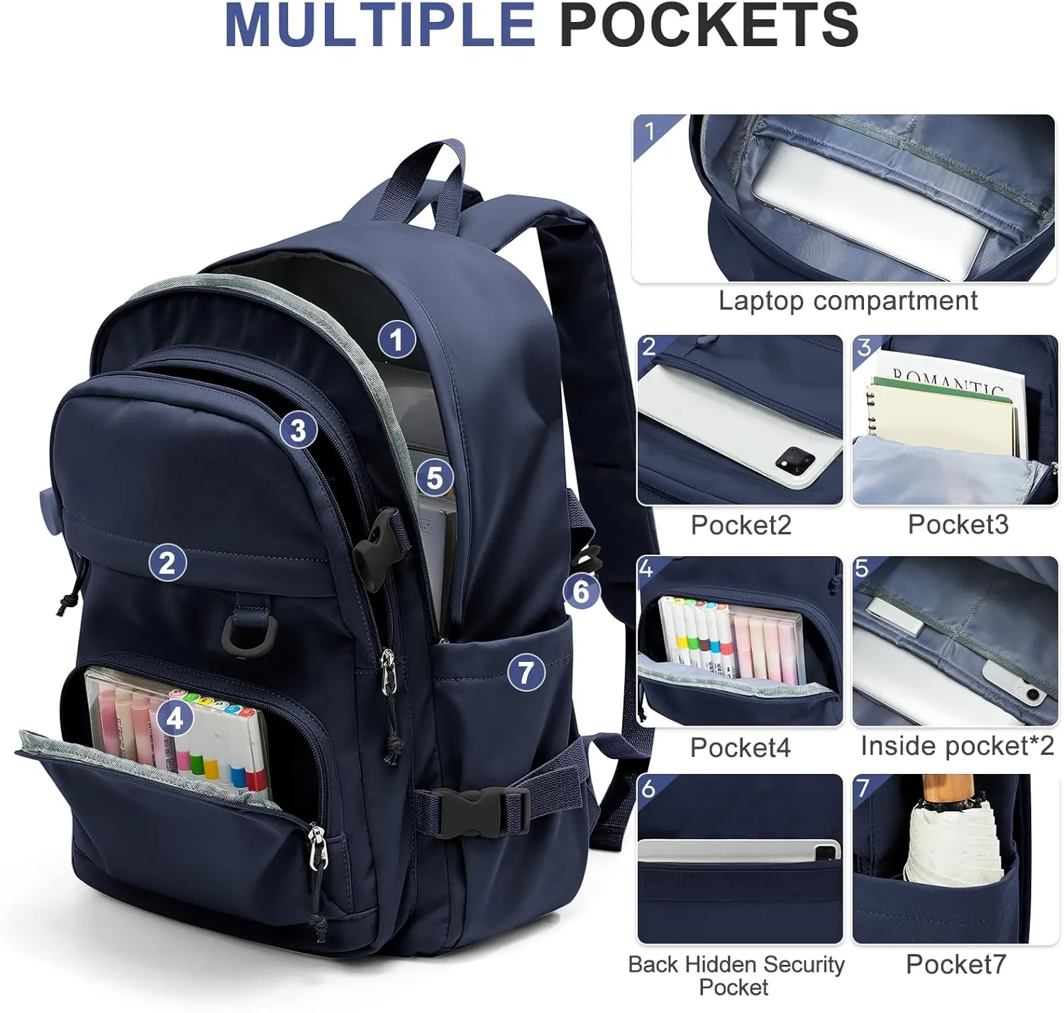 Lightweight College Backpack for Women Men Cute School Bag for Teens Girls Boys High School Backpack for Students Waterproof Casual Daypack Backpack（Dark Blue）
