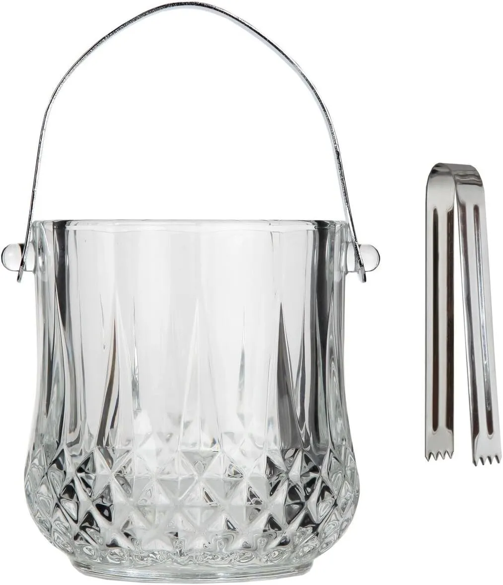 Lily's Home Glass Ice Bucket with Handle and Stainless Steel Tongs, Party Ice Bucket, Sparkling Ice Buckets, Wine, Beer, Champagne, Cocktail Bar, Mini & Portable, 1000ml, 4.62" L x 4.62" W x 8.5" H