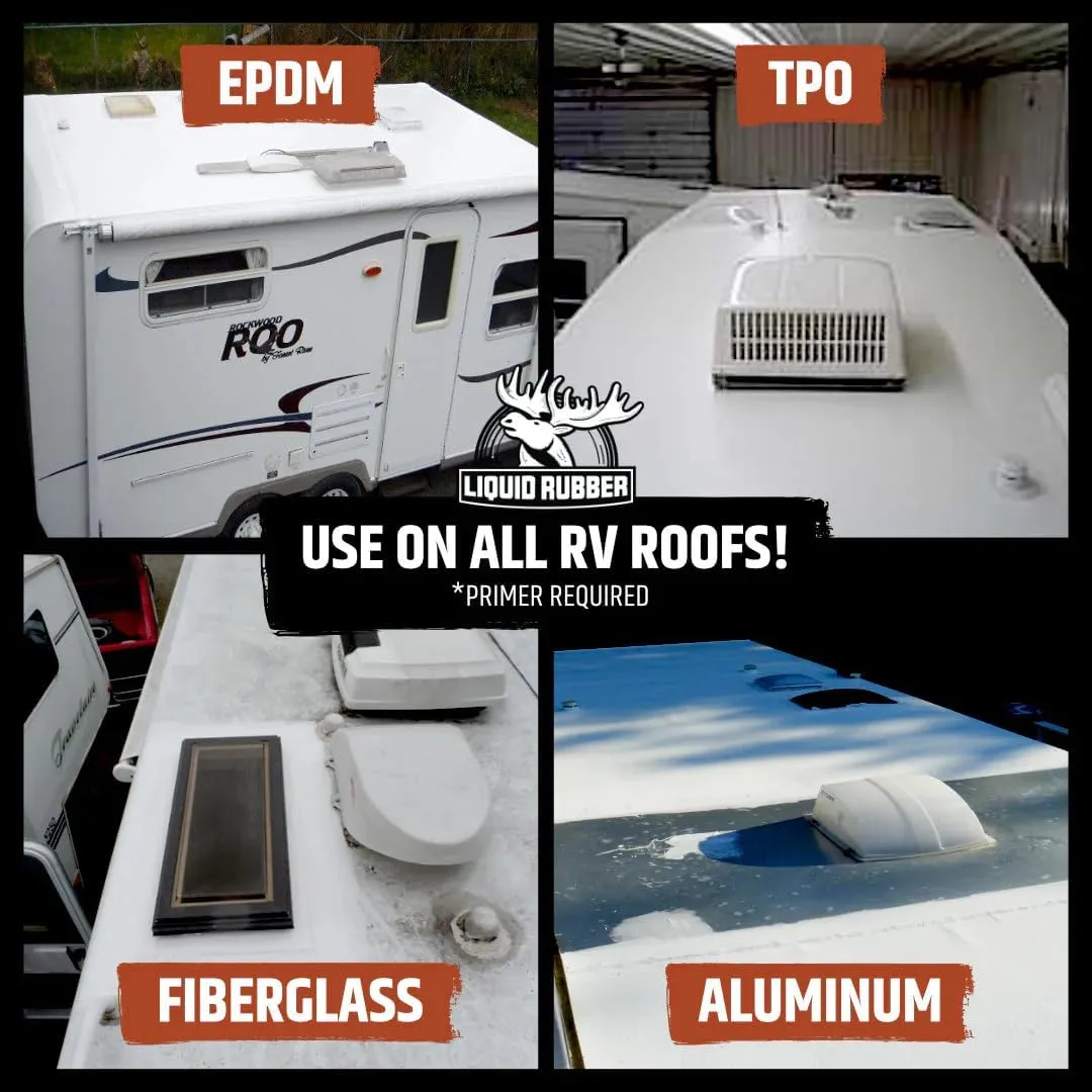 Liquid Rubber RV Roof Coating Solar Reflective Sealant Waterproof Trailer Roof Repair Kit Includes: 5 Gallon Sealer, 1 gal EDPM Primer, 1g Smart Cleaner, Seam Tape, Lap Sealant