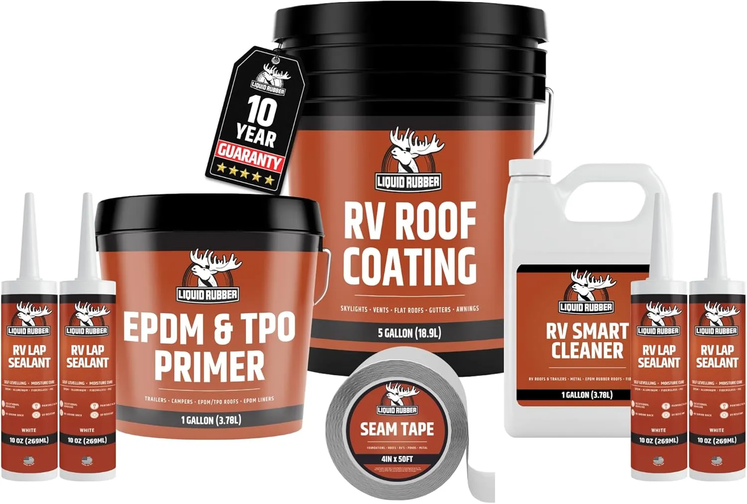 Liquid Rubber RV Roof Coating Solar Reflective Sealant Waterproof Trailer Roof Repair Kit Includes: 5 Gallon Sealer, 1 gal EDPM Primer, 1g Smart Cleaner, Seam Tape, Lap Sealant