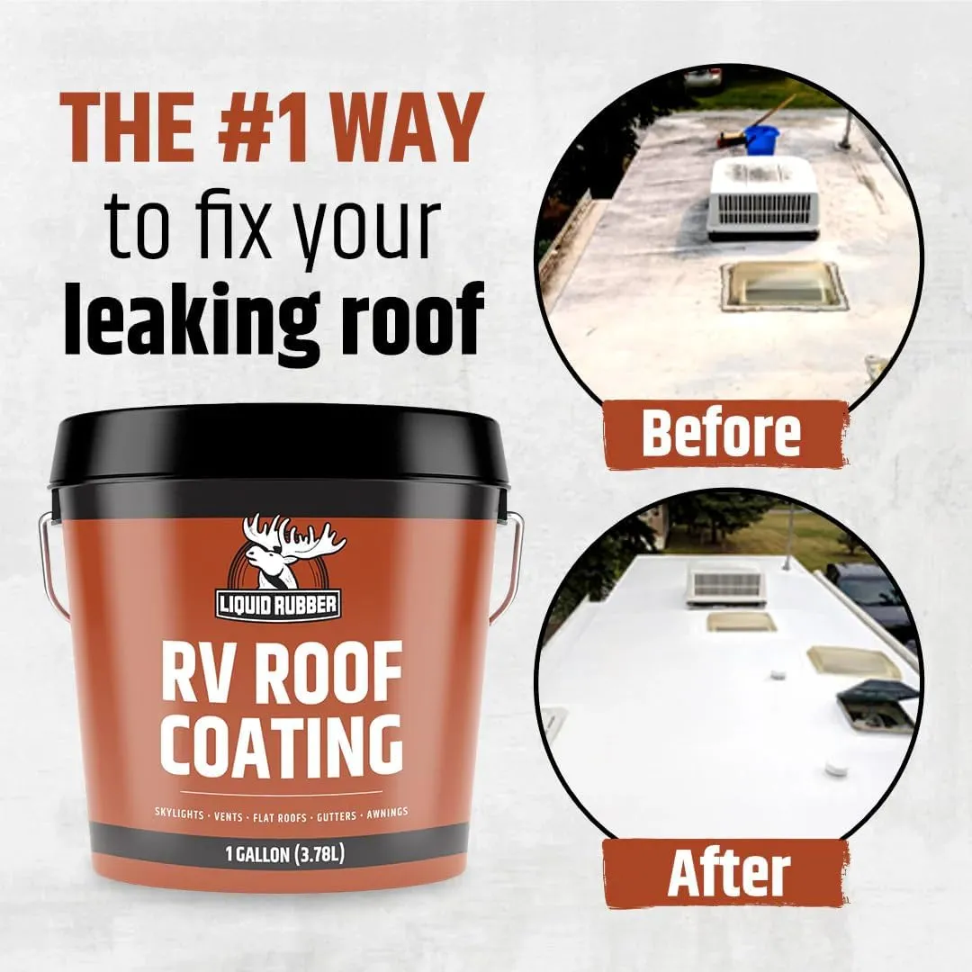 Liquid Rubber RV Roof Coating Solar Reflective Sealant Waterproof Trailer Roof Repair Kit Includes: 5 Gallon Sealer, 1 gal EDPM Primer, 1g Smart Cleaner, Seam Tape, Lap Sealant